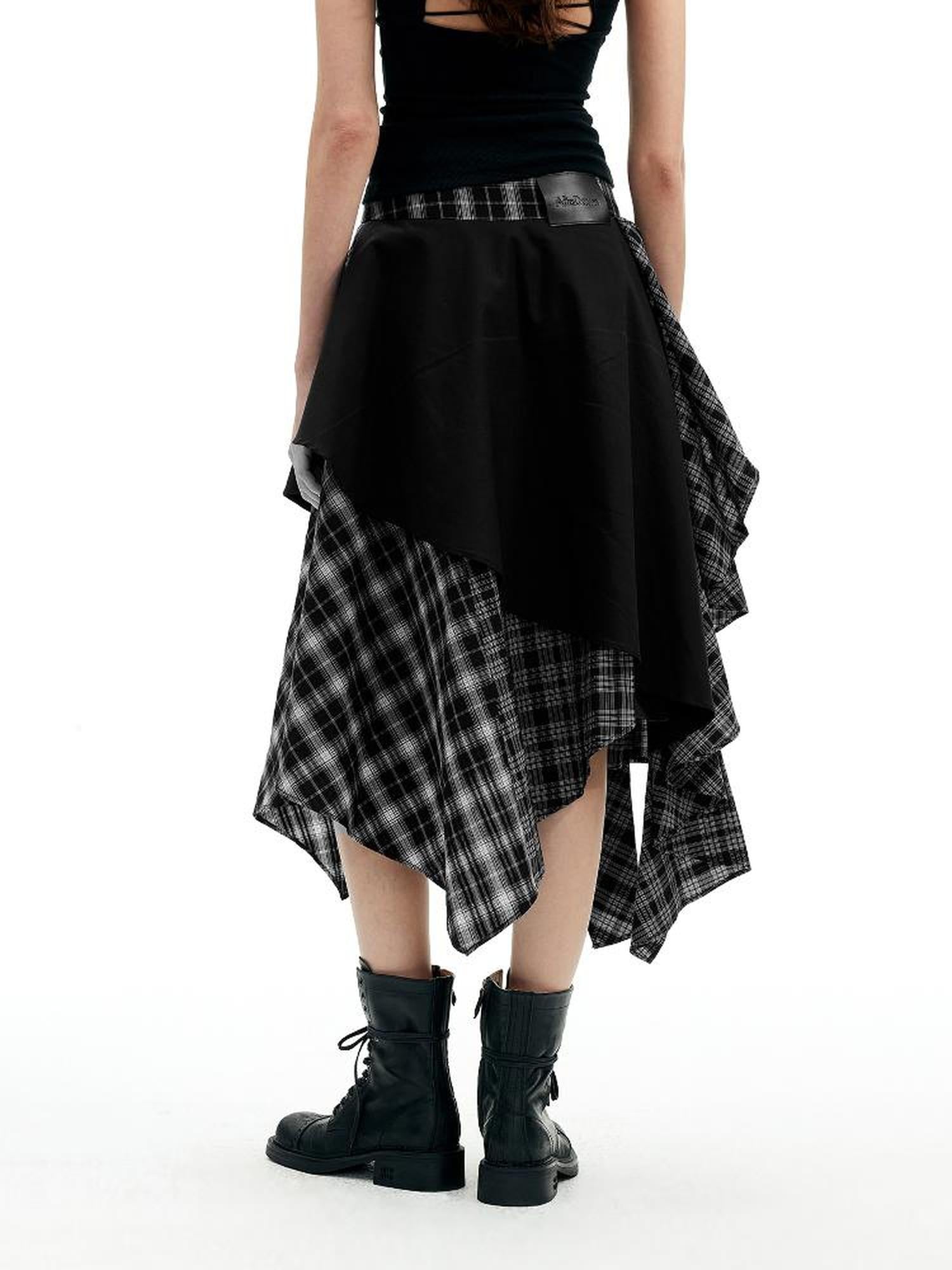 AFTADAWN A Line Asymmetric Checkered Patchwork Midi Skirt