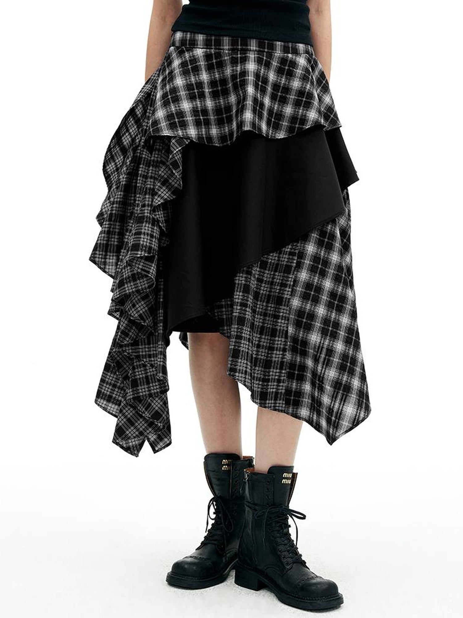 AFTADAWN A Line Asymmetric Checkered Patchwork Midi Skirt