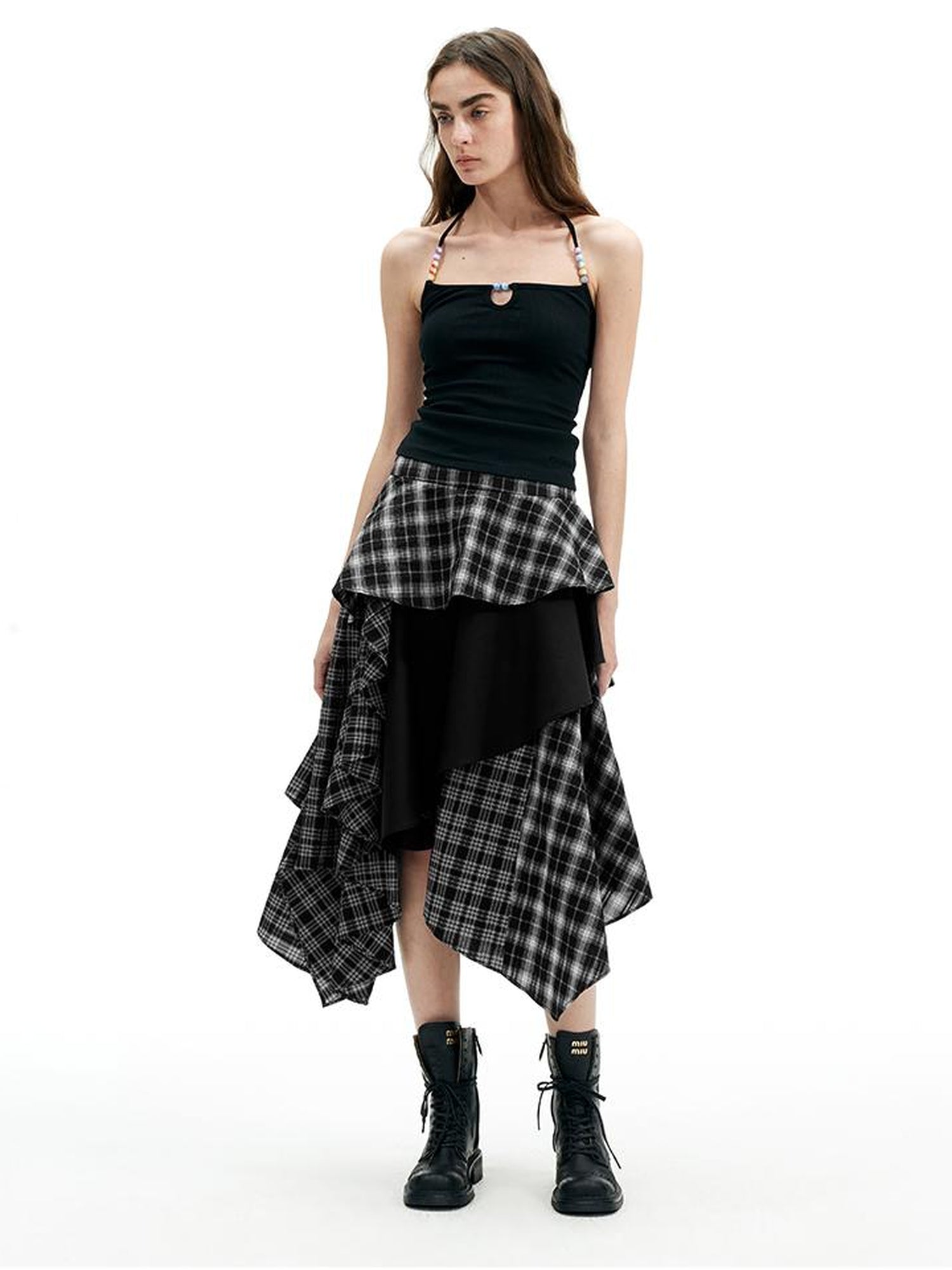 AFTADAWN A Line Asymmetric Checkered Patchwork Midi Skirt