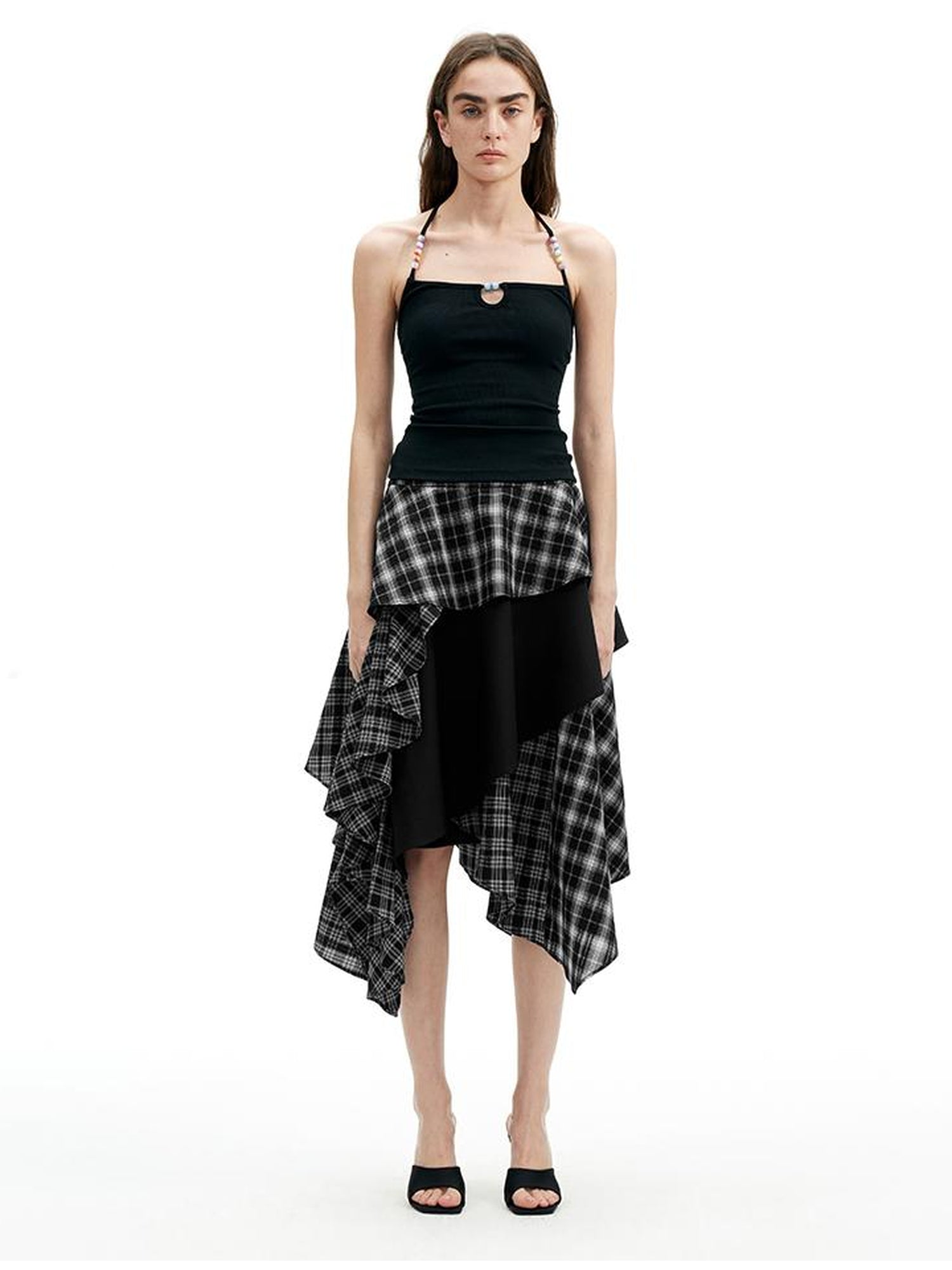 AFTADAWN A Line Asymmetric Checkered Patchwork Midi Skirt