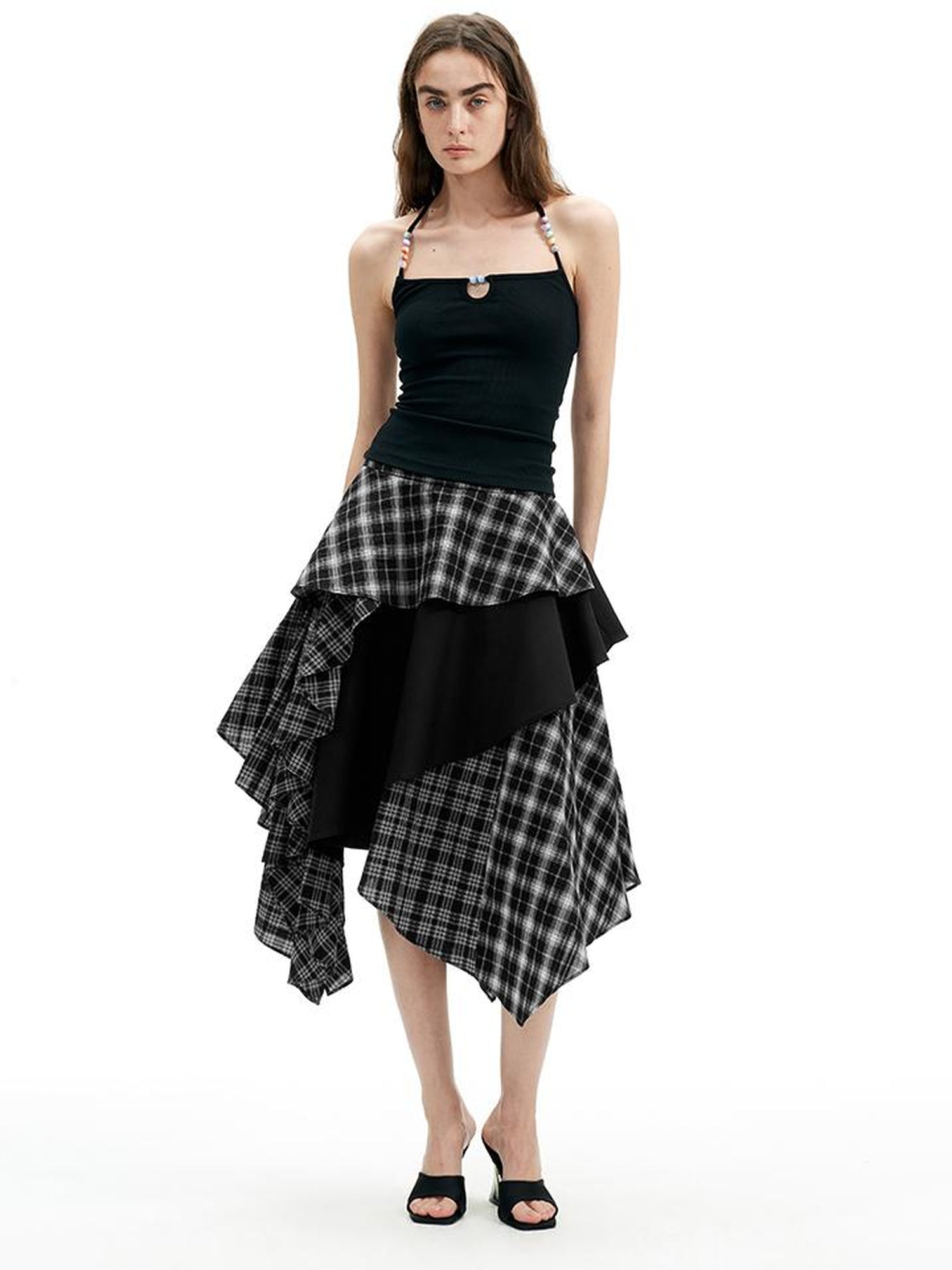 AFTADAWN A Line Asymmetric Checkered Patchwork Midi Skirt