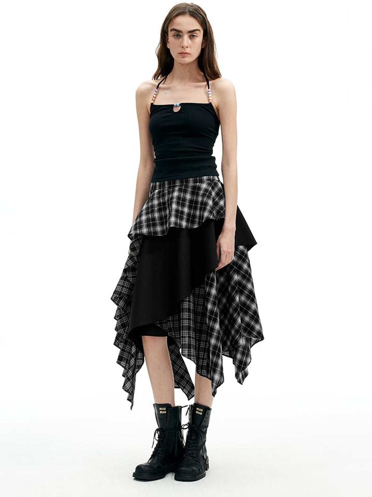 AFTADAWN A Line Asymmetric Checkered Patchwork Midi Skirt