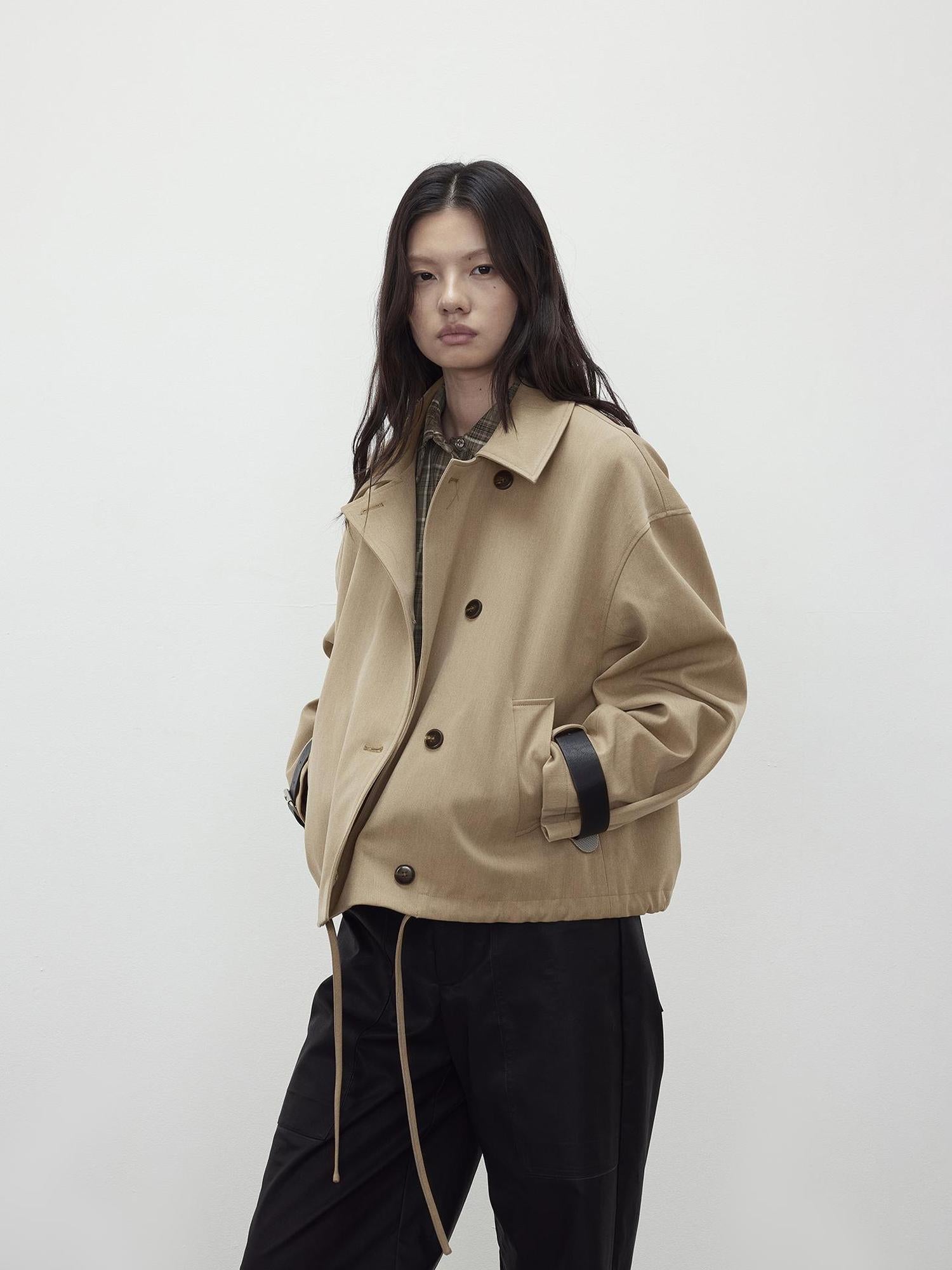 AFTADAWN A Line Utility Short Trench Coat With Detachable Belted Cuffs