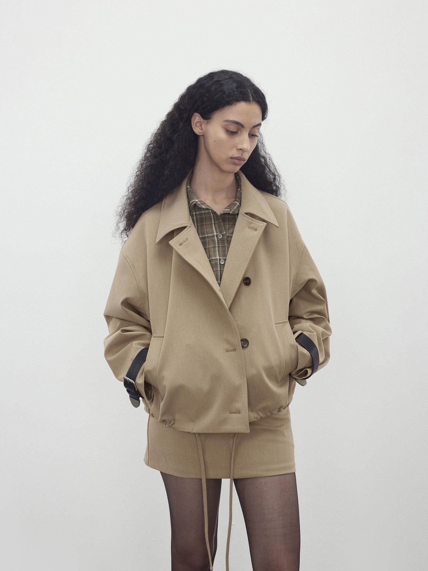 AFTADAWN A Line Utility Short Trench Coat With Detachable Belted Cuffs
