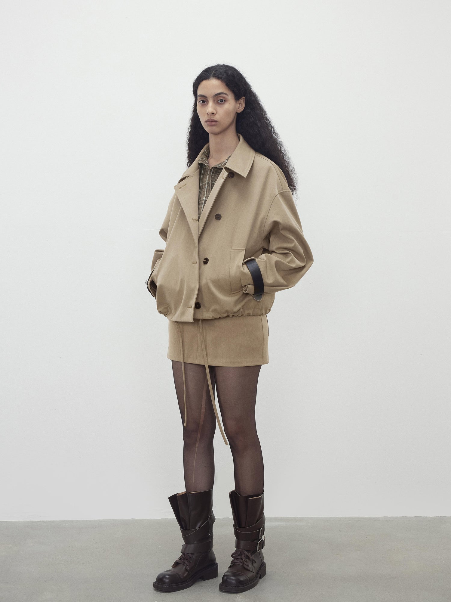AFTADAWN A Line Utility Short Trench Coat With Detachable Belted Cuffs