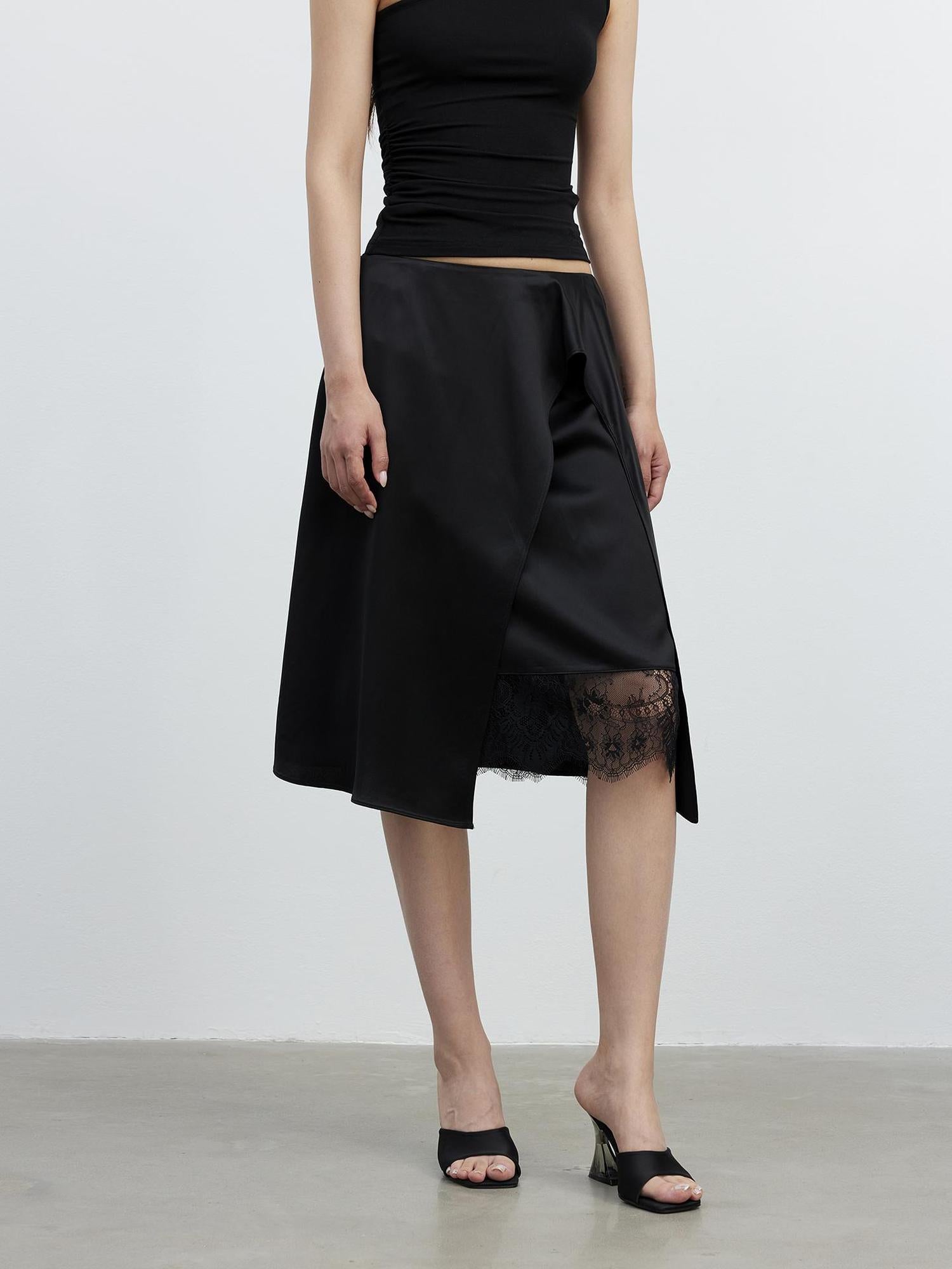 AFTADAWN Acetate Matte Lace Asymmetrical Midi Skirt