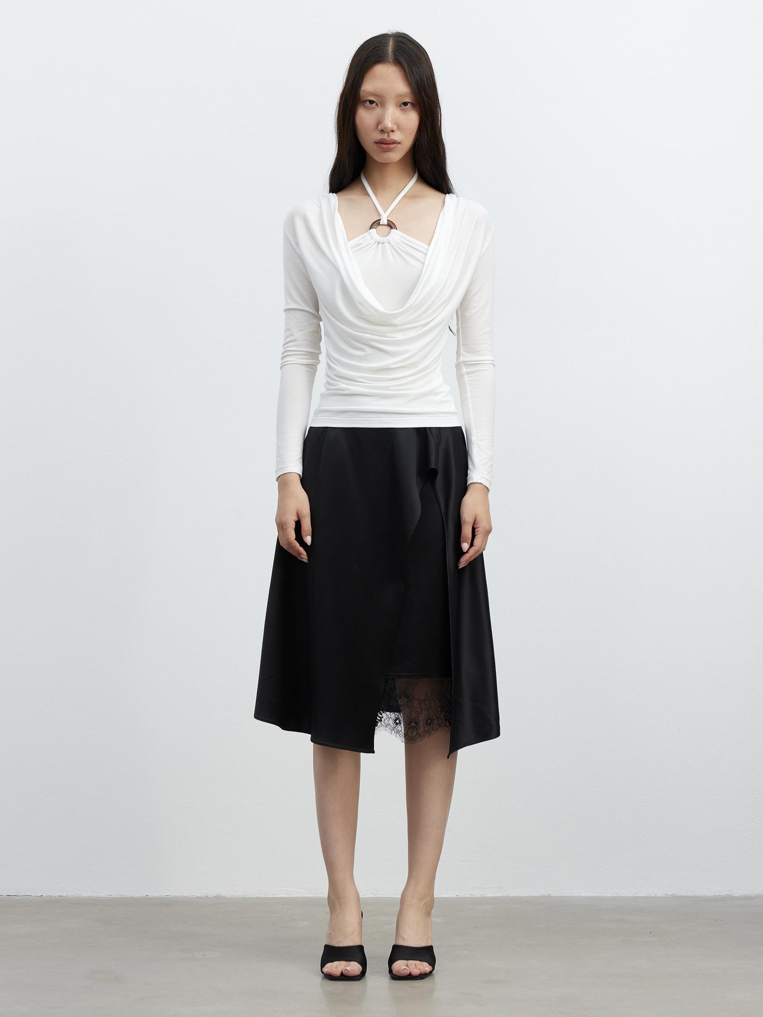 AFTADAWN Acetate Matte Lace Asymmetrical Midi Skirt