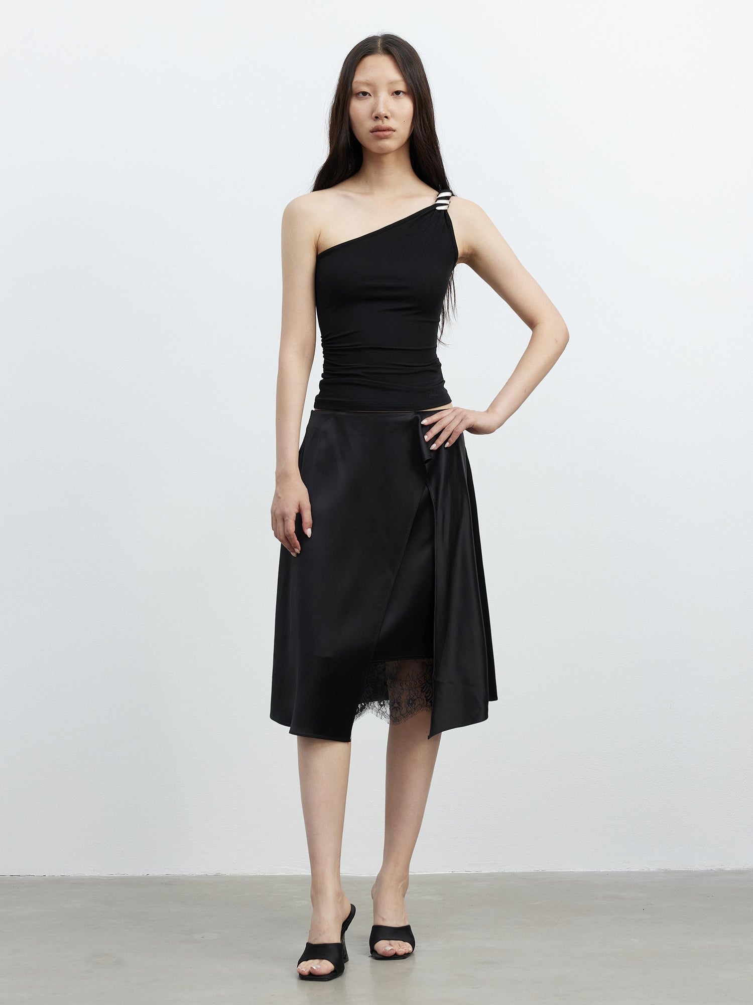 AFTADAWN Acetate Matte Lace Asymmetrical Midi Skirt