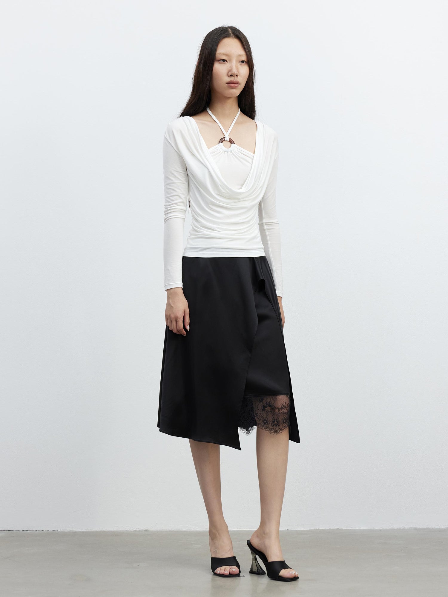 AFTADAWN Acetate Matte Lace Asymmetrical Midi Skirt