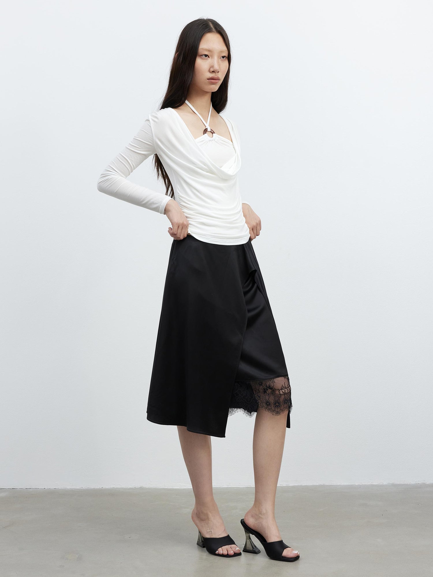 AFTADAWN Acetate Matte Lace Asymmetrical Midi Skirt