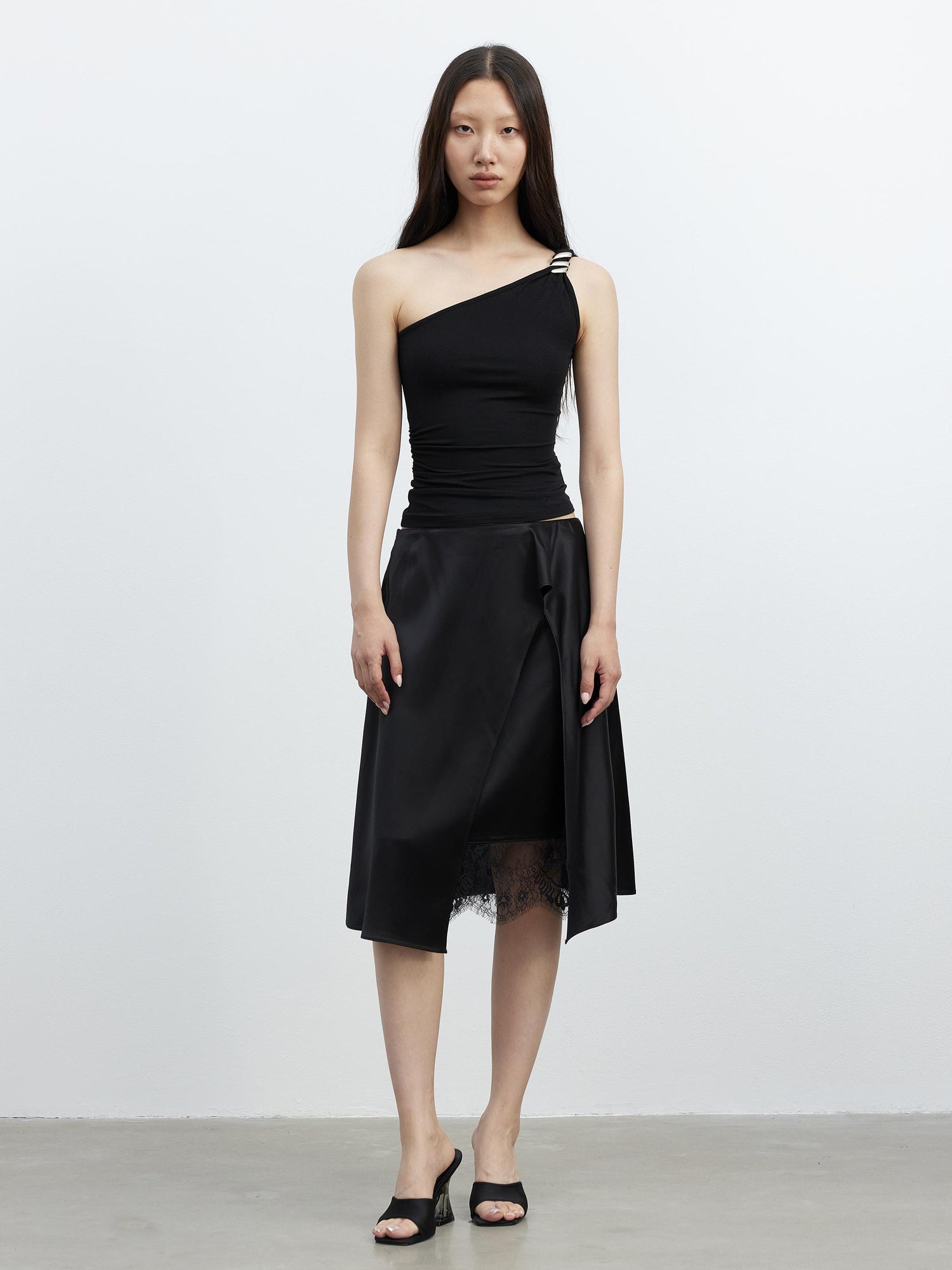AFTADAWN Acetate Matte Lace Asymmetrical Midi Skirt