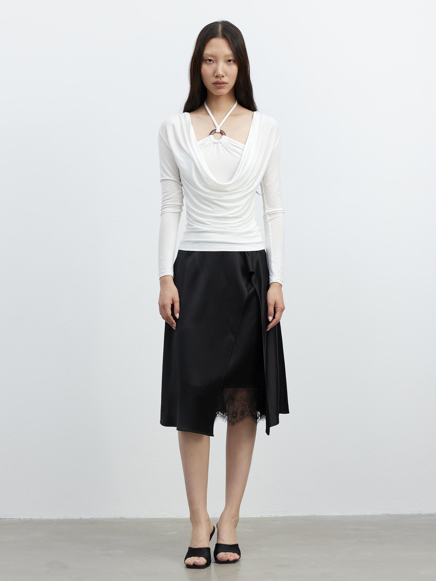 AFTADAWN Acetate Matte Lace Asymmetrical Midi Skirt