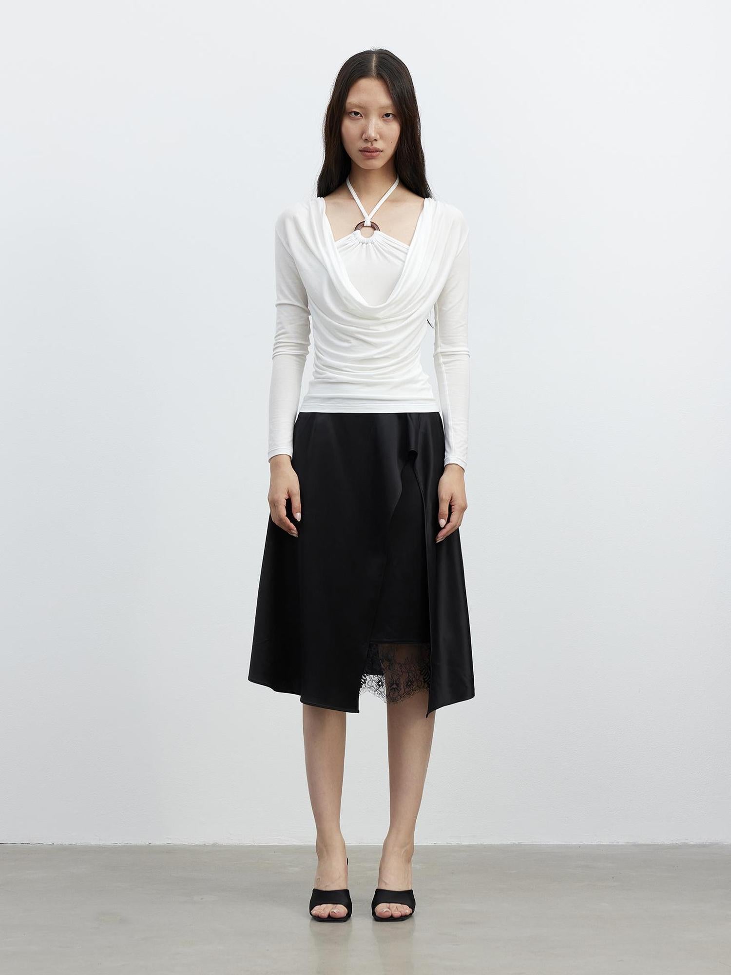 AFTADAWN Acetate Matte Lace Asymmetrical Midi Skirt