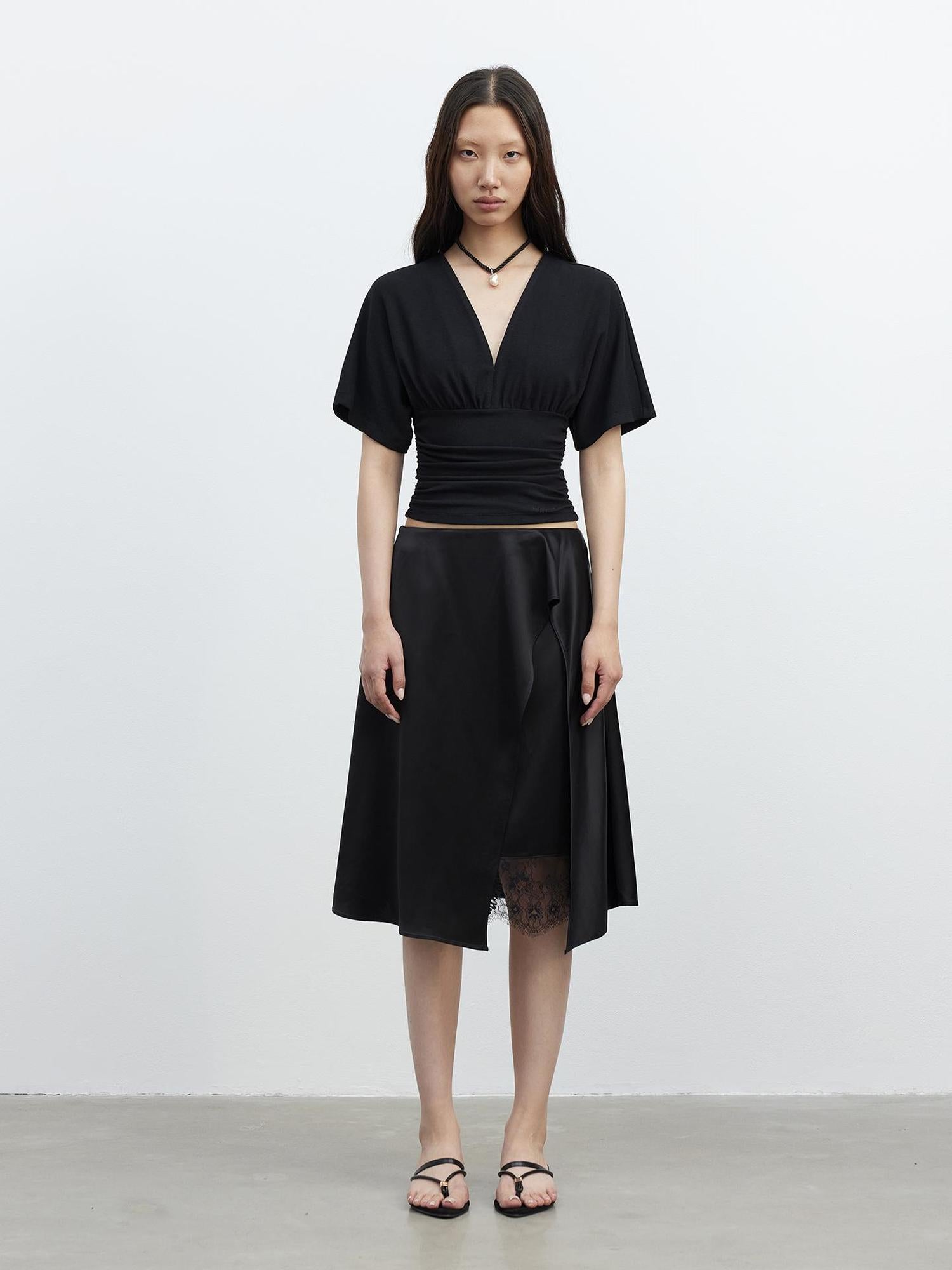 AFTADAWN Acetate Matte Lace Asymmetrical Midi Skirt