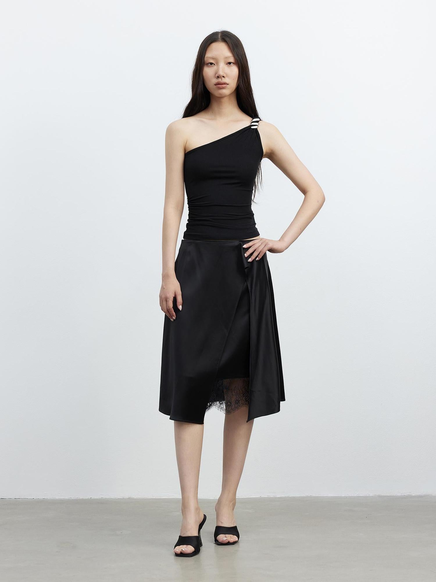 AFTADAWN Acetate Matte Lace Asymmetrical Midi Skirt