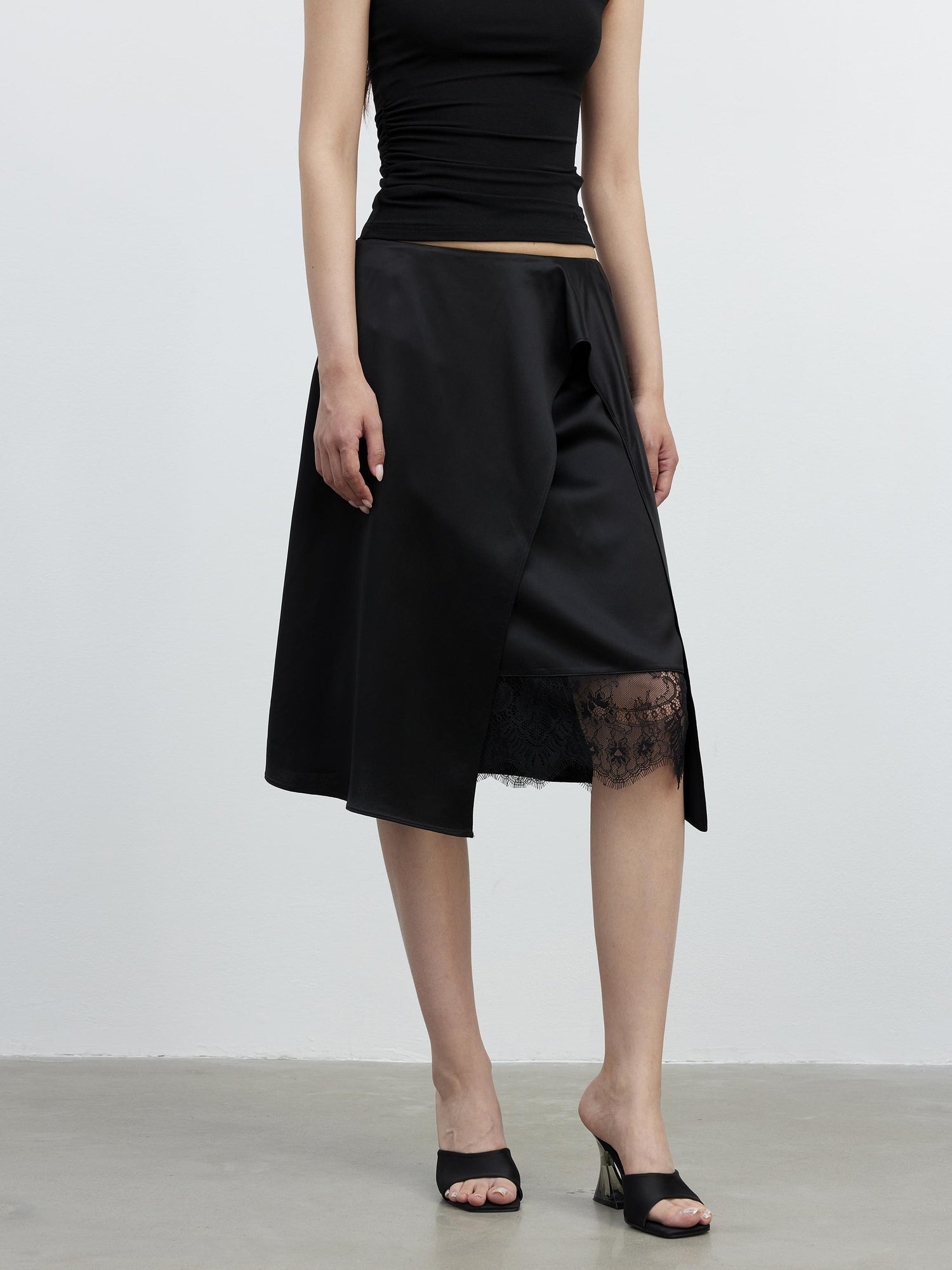AFTADAWN Acetate Matte Lace Asymmetrical Midi Skirt