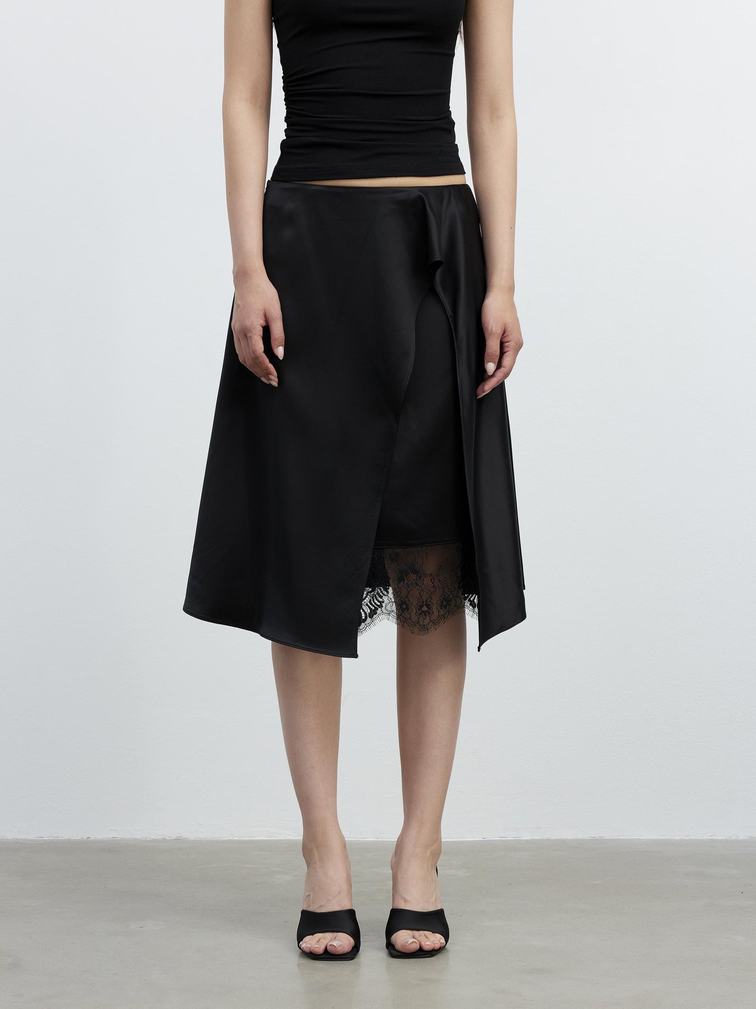 AFTADAWN Acetate Matte Lace Asymmetrical Midi Skirt