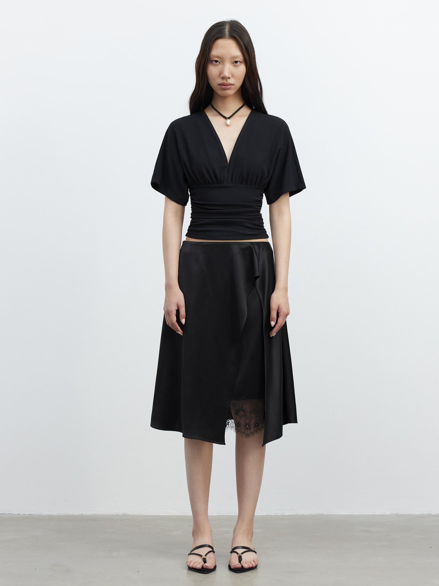 AFTADAWN Acetate Matte Lace Asymmetrical Midi Skirt