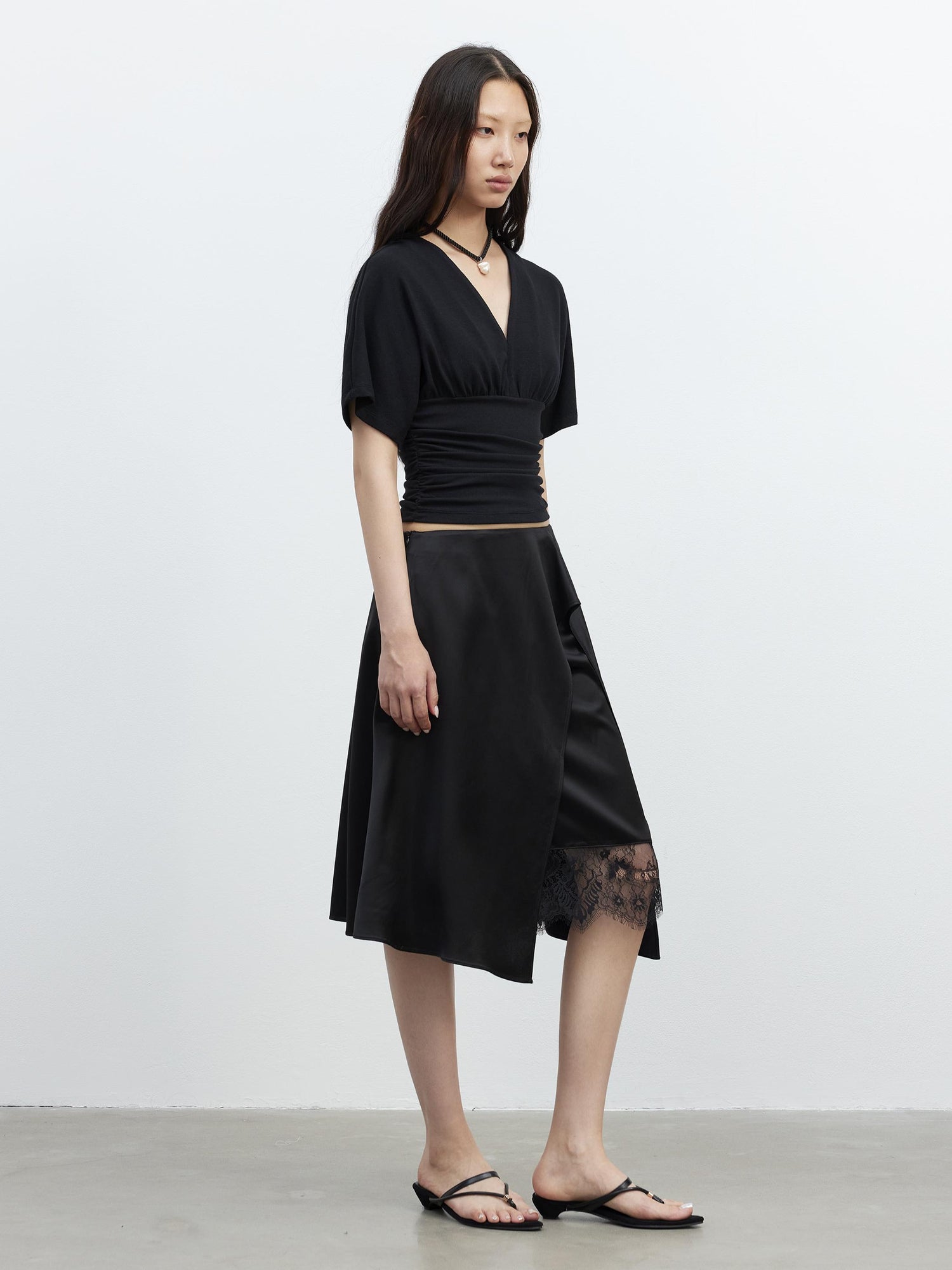 AFTADAWN Acetate Matte Lace Asymmetrical Midi Skirt