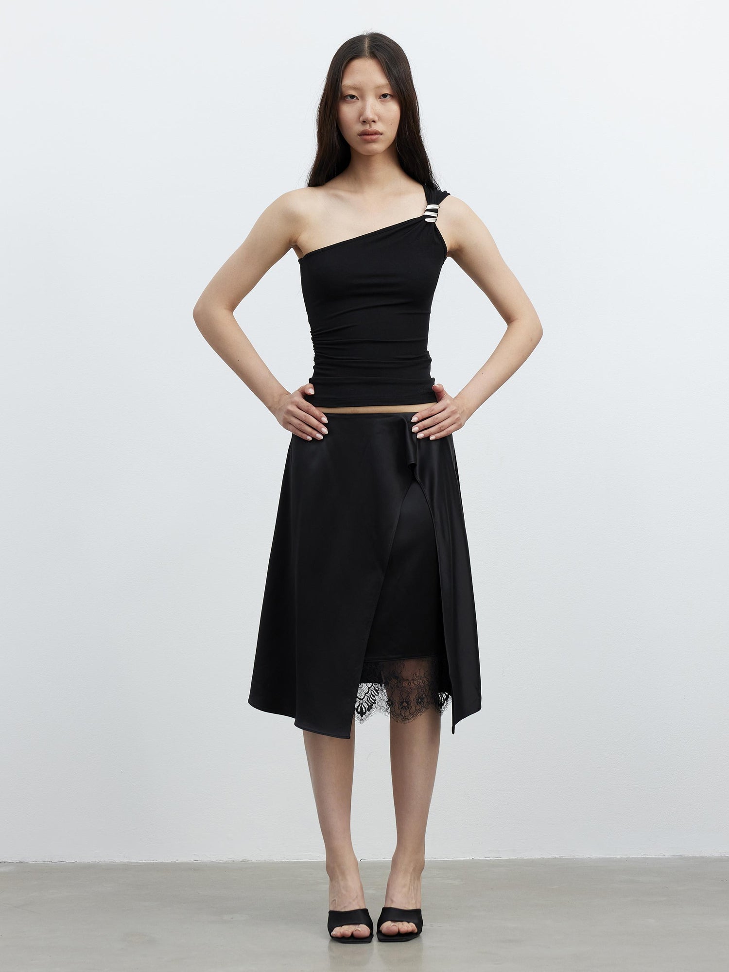 AFTADAWN Acetate Matte Lace Asymmetrical Midi Skirt