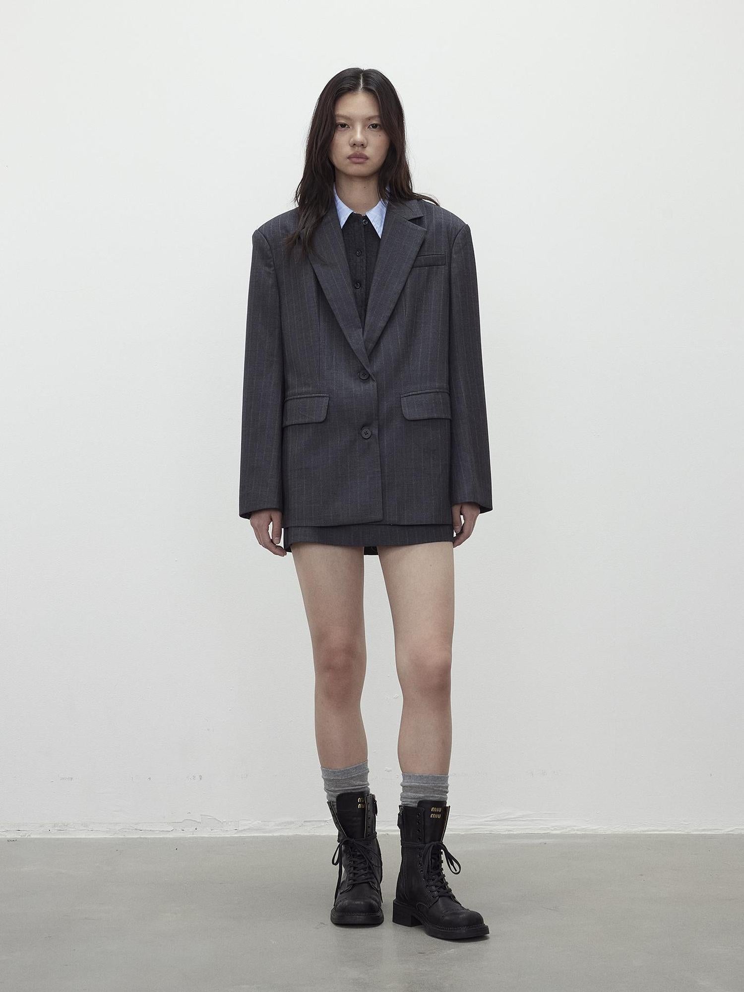 AFTADAWN After Dawn Black Striped Single Breasted Two Button Oversize Blazer
