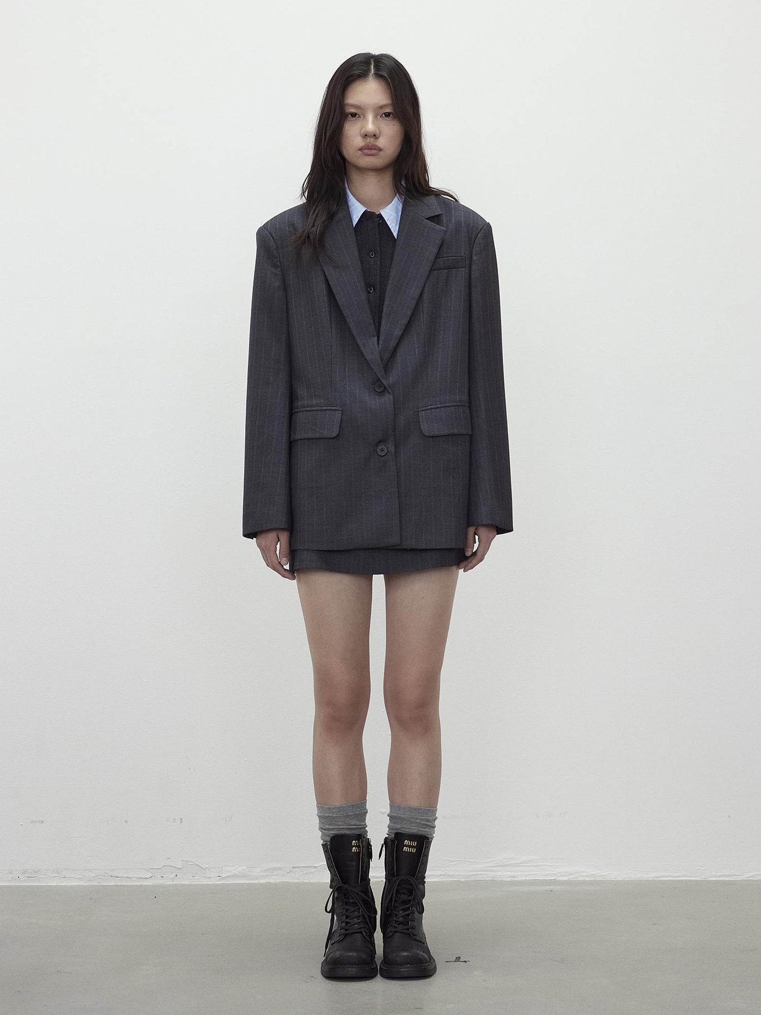 AFTADAWN After Dawn Black Striped Single Breasted Two Button Oversize Blazer