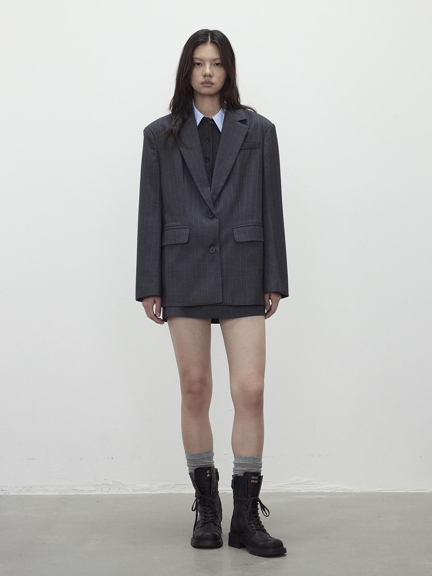 AFTADAWN After Dawn Black Striped Single Breasted Two Button Oversize Blazer