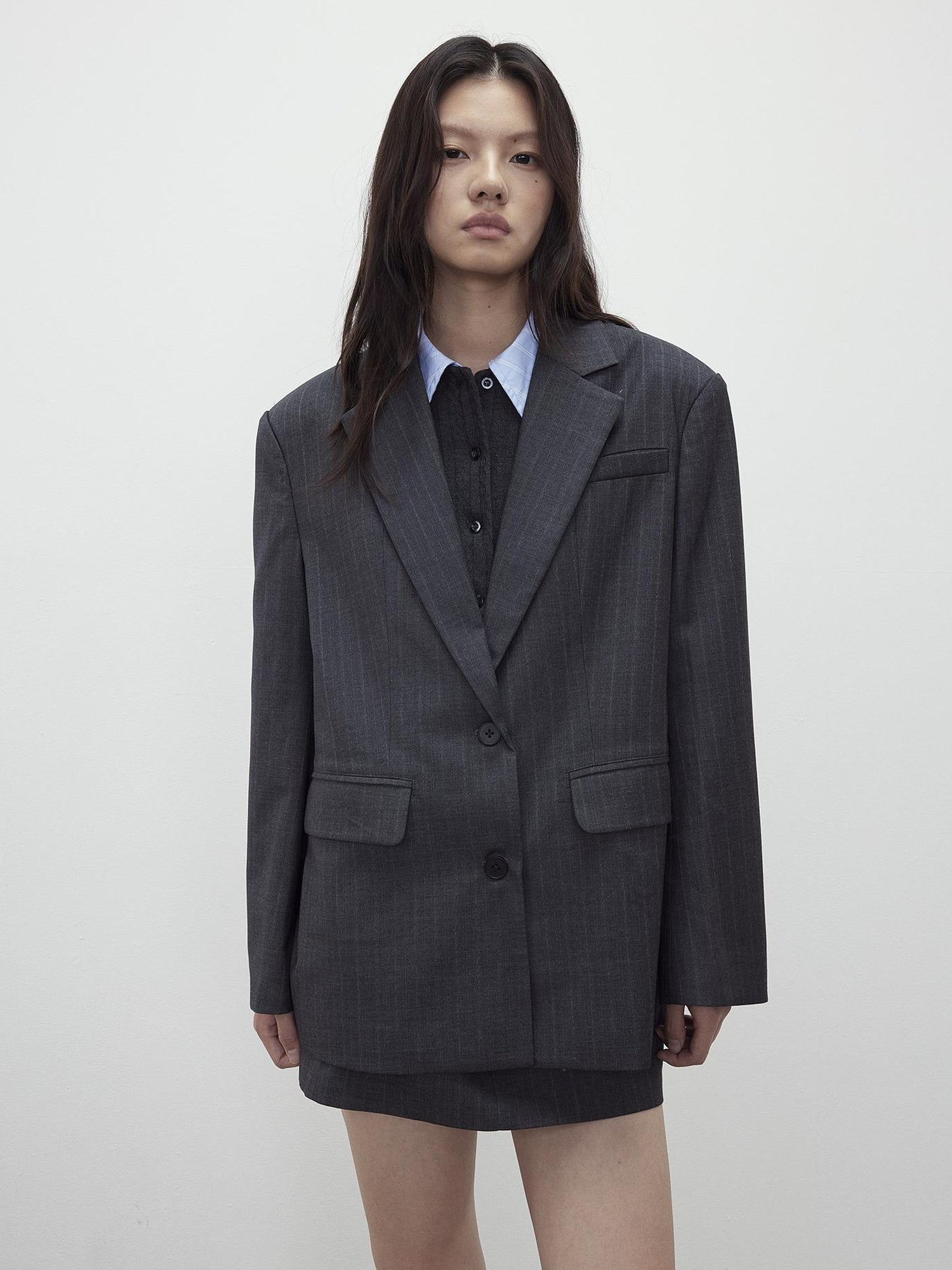 AFTADAWN After Dawn Black Striped Single Breasted Two Button Oversize Blazer