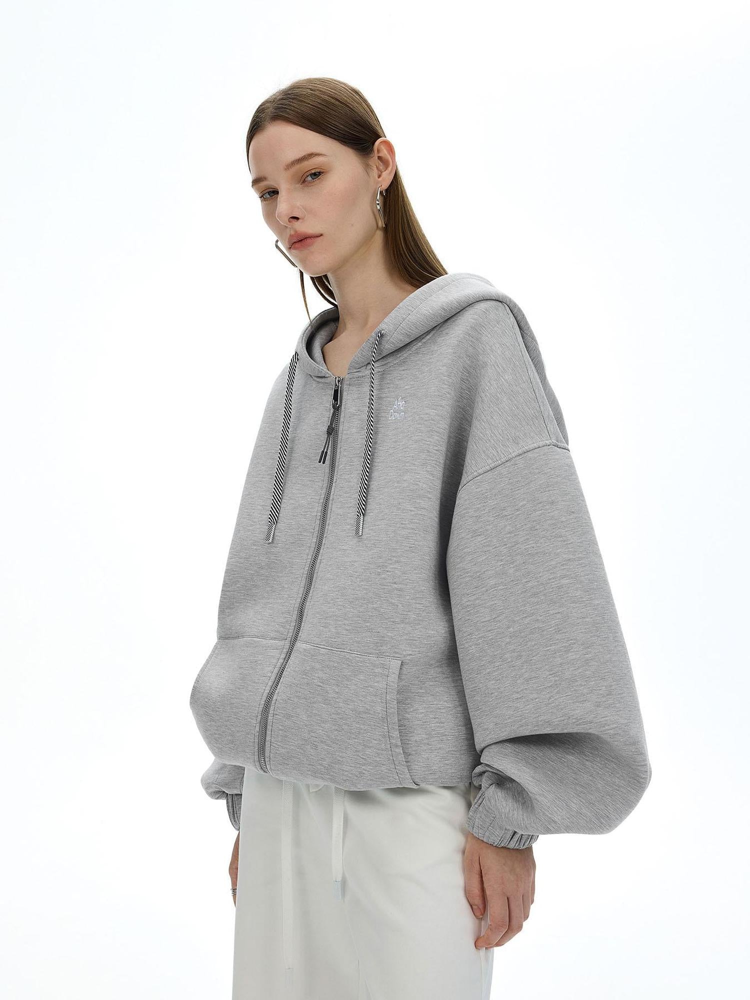 AFTADAWN Airy 3D Embroidered Hooded Zip Up Sweatshirt