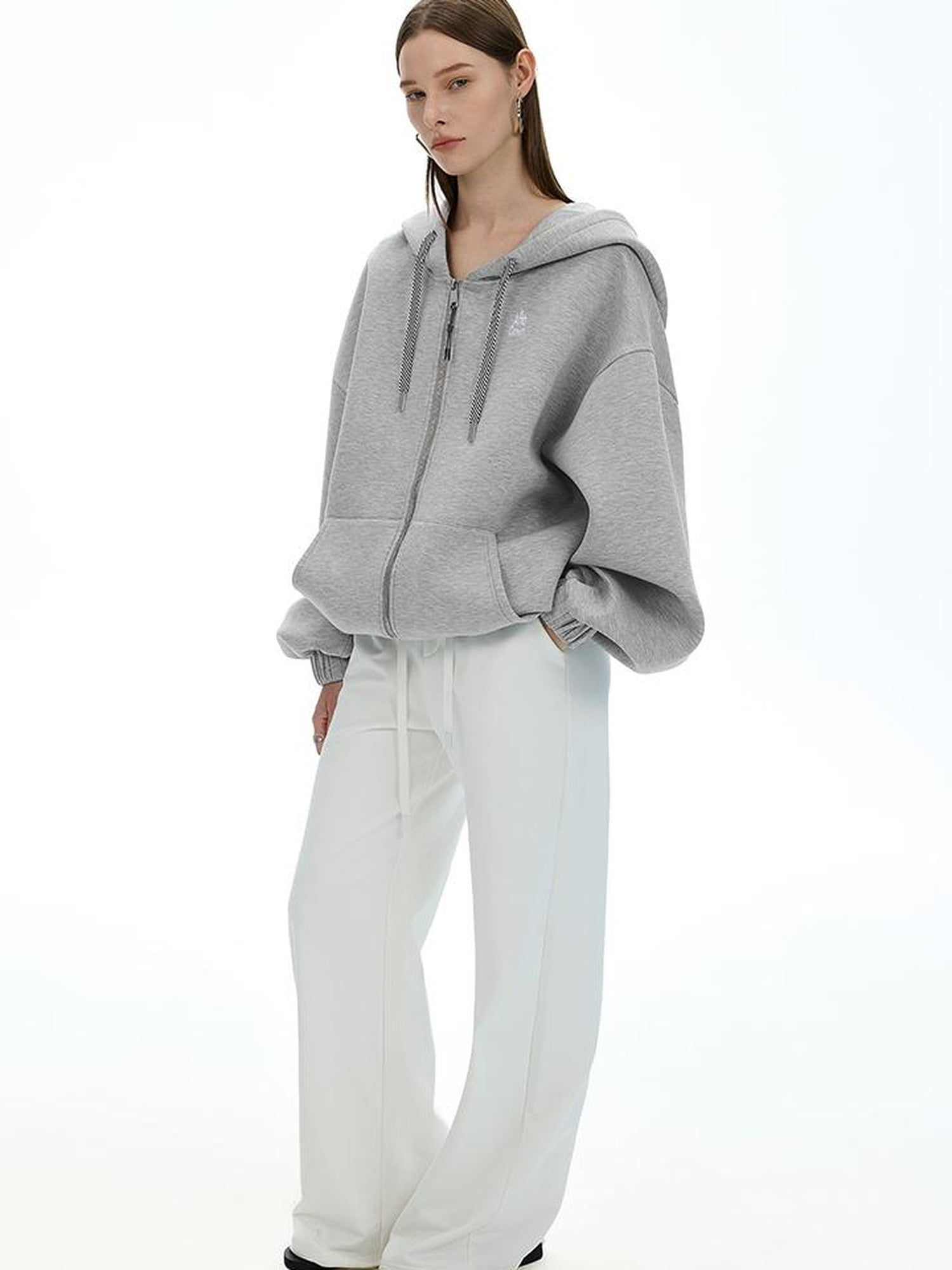 AFTADAWN Airy 3D Embroidered Hooded Zip Up Sweatshirt