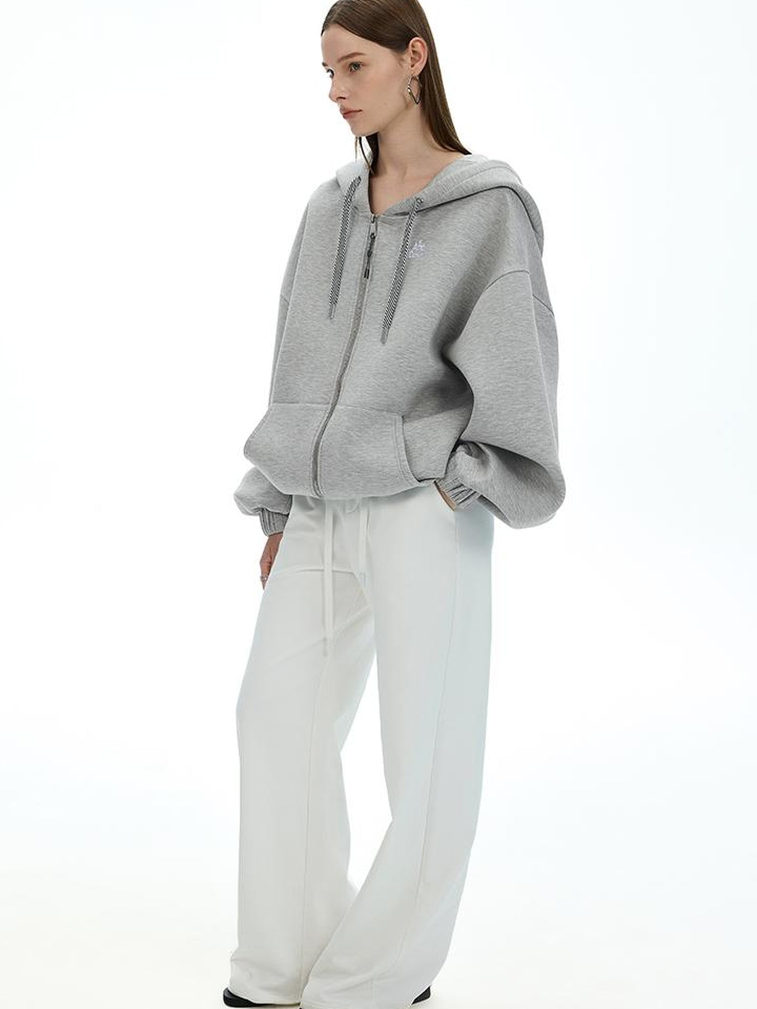 AFTADAWN Airy 3D Embroidered Hooded Zip Up Sweatshirt