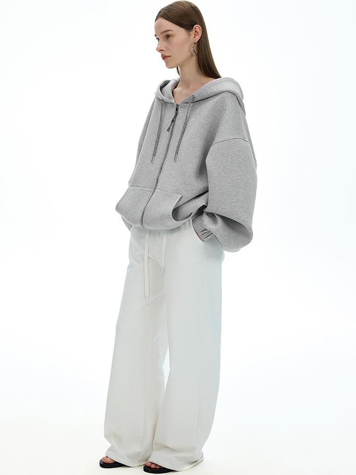 AFTADAWN Airy 3D Embroidered Hooded Zip Up Sweatshirt