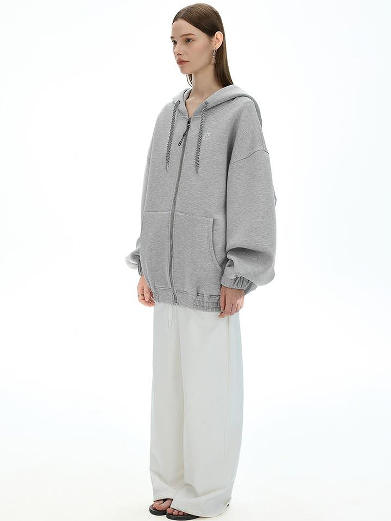 AFTADAWN Airy 3D Embroidered Hooded Zip Up Sweatshirt