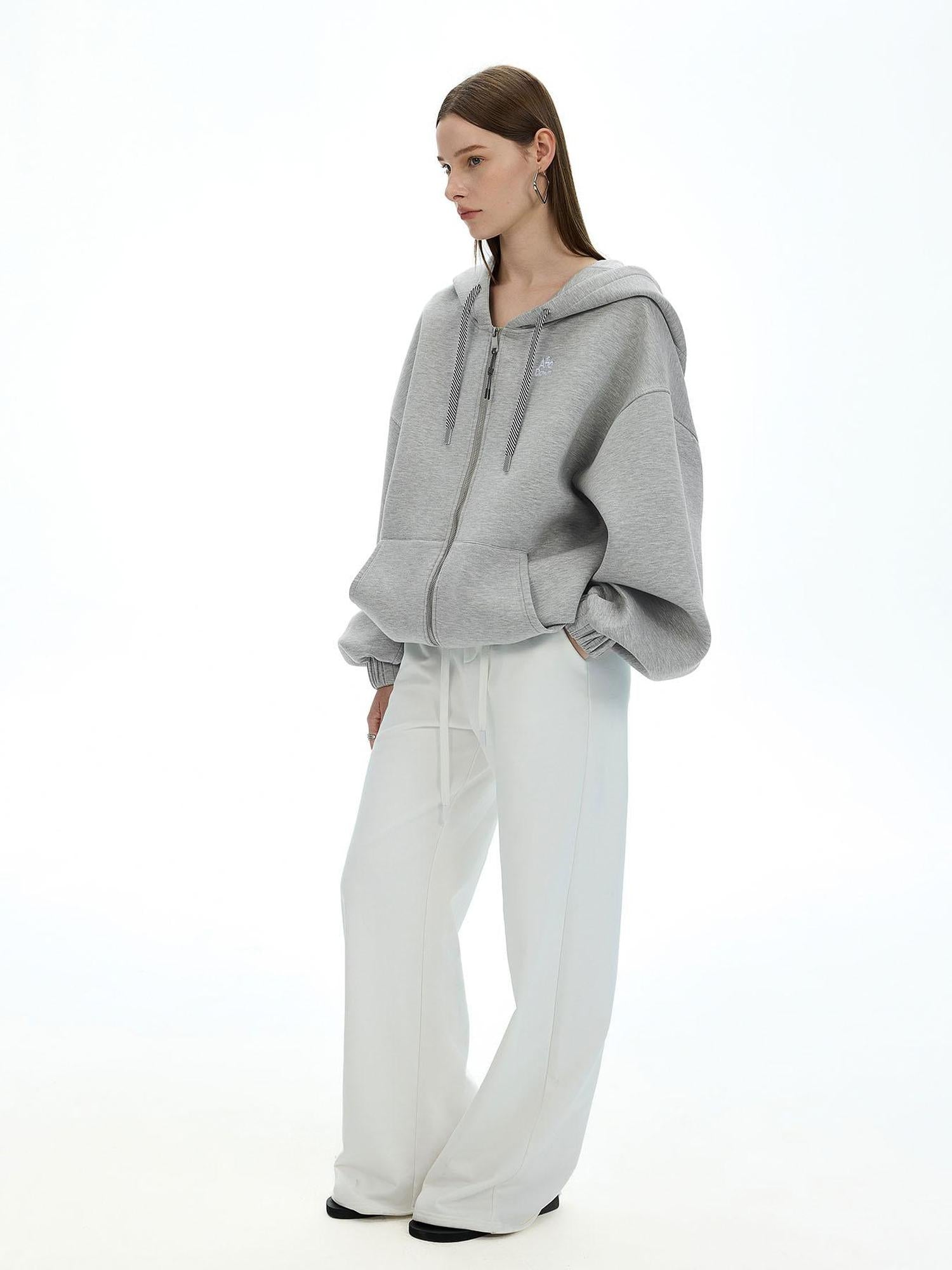 AFTADAWN Airy 3D Embroidered Hooded Zip Up Sweatshirt