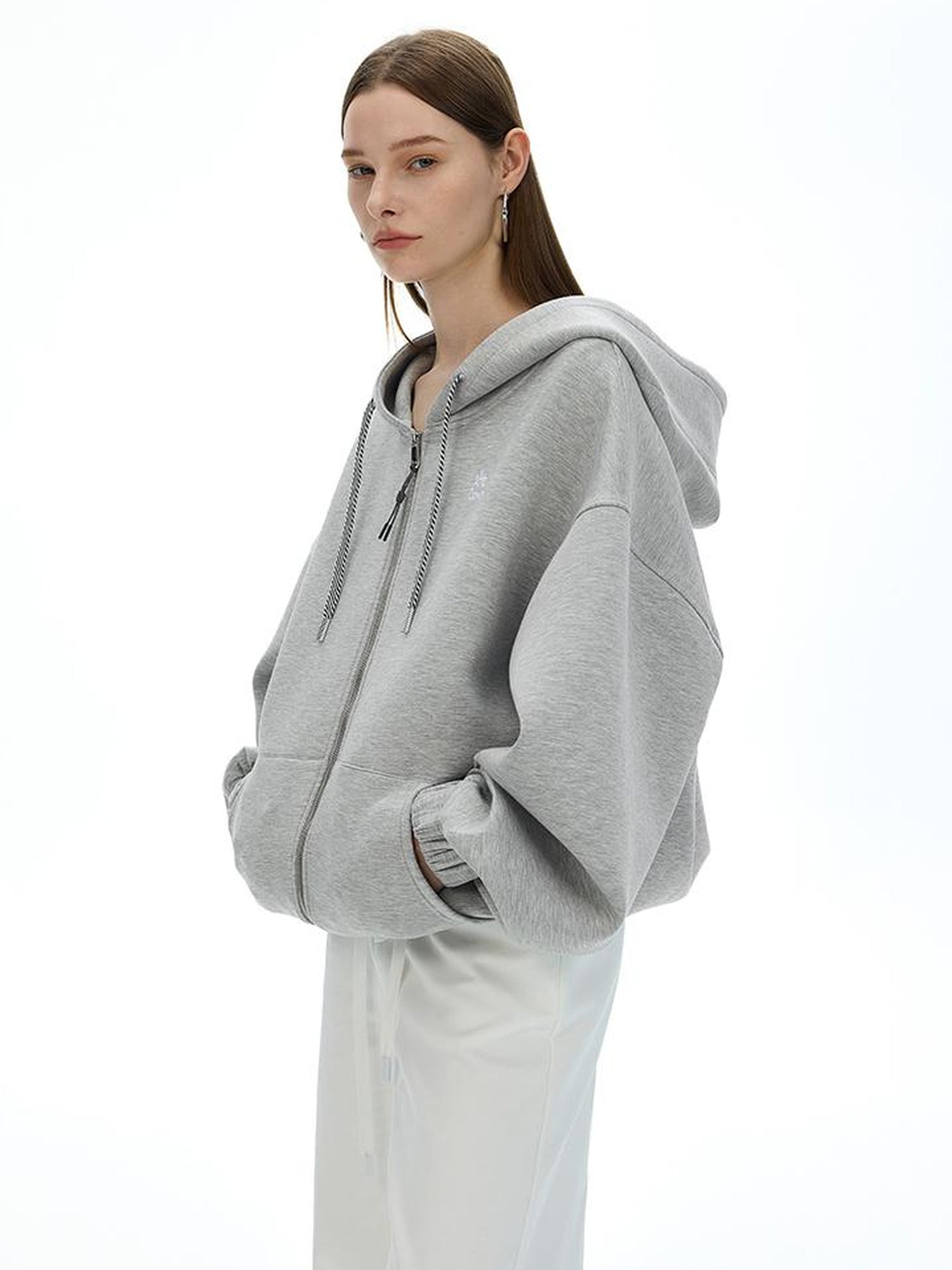 AFTADAWN Airy 3D Embroidered Hooded Zip Up Sweatshirt