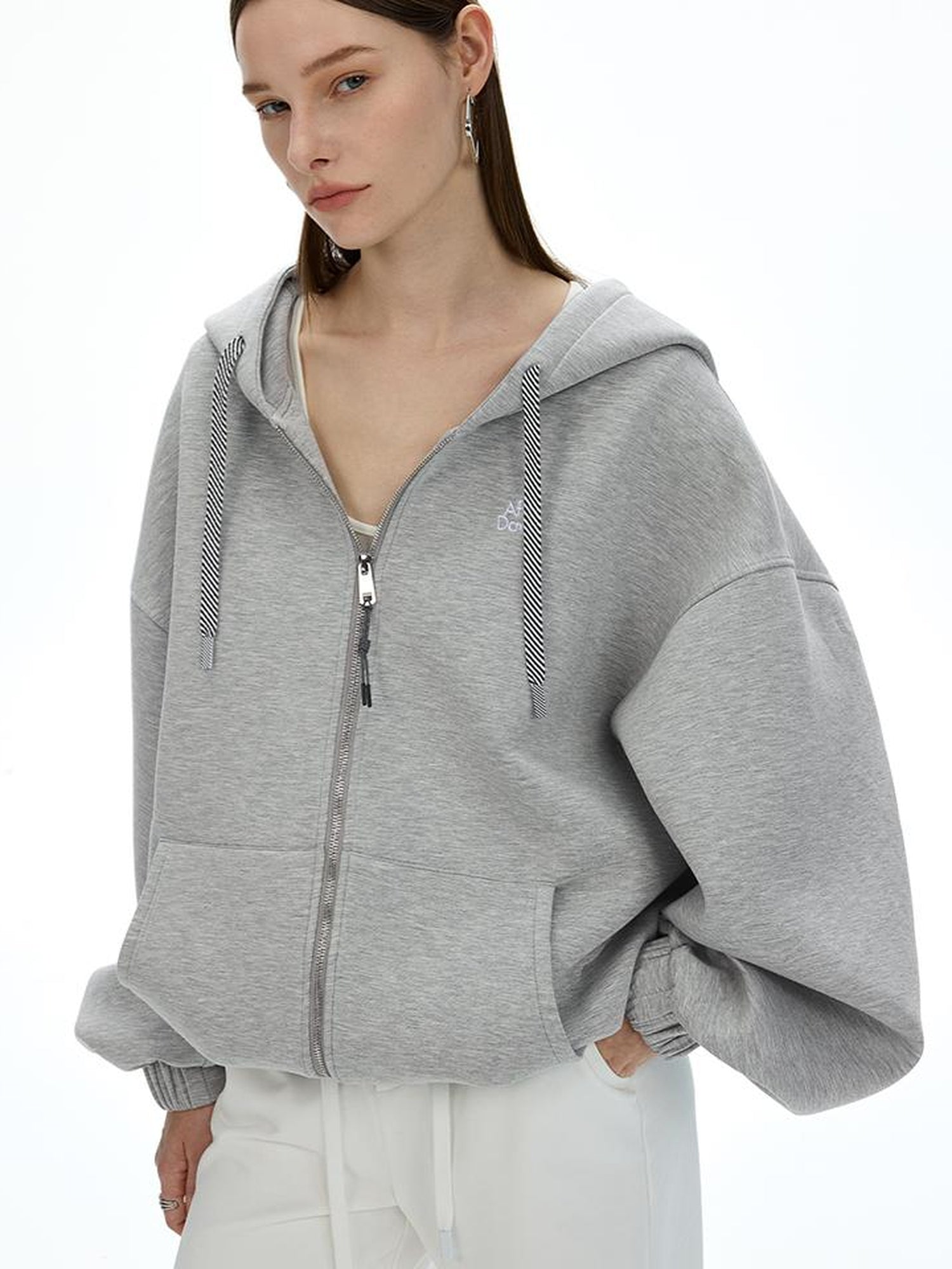 AFTADAWN Airy 3D Embroidered Hooded Zip Up Sweatshirt