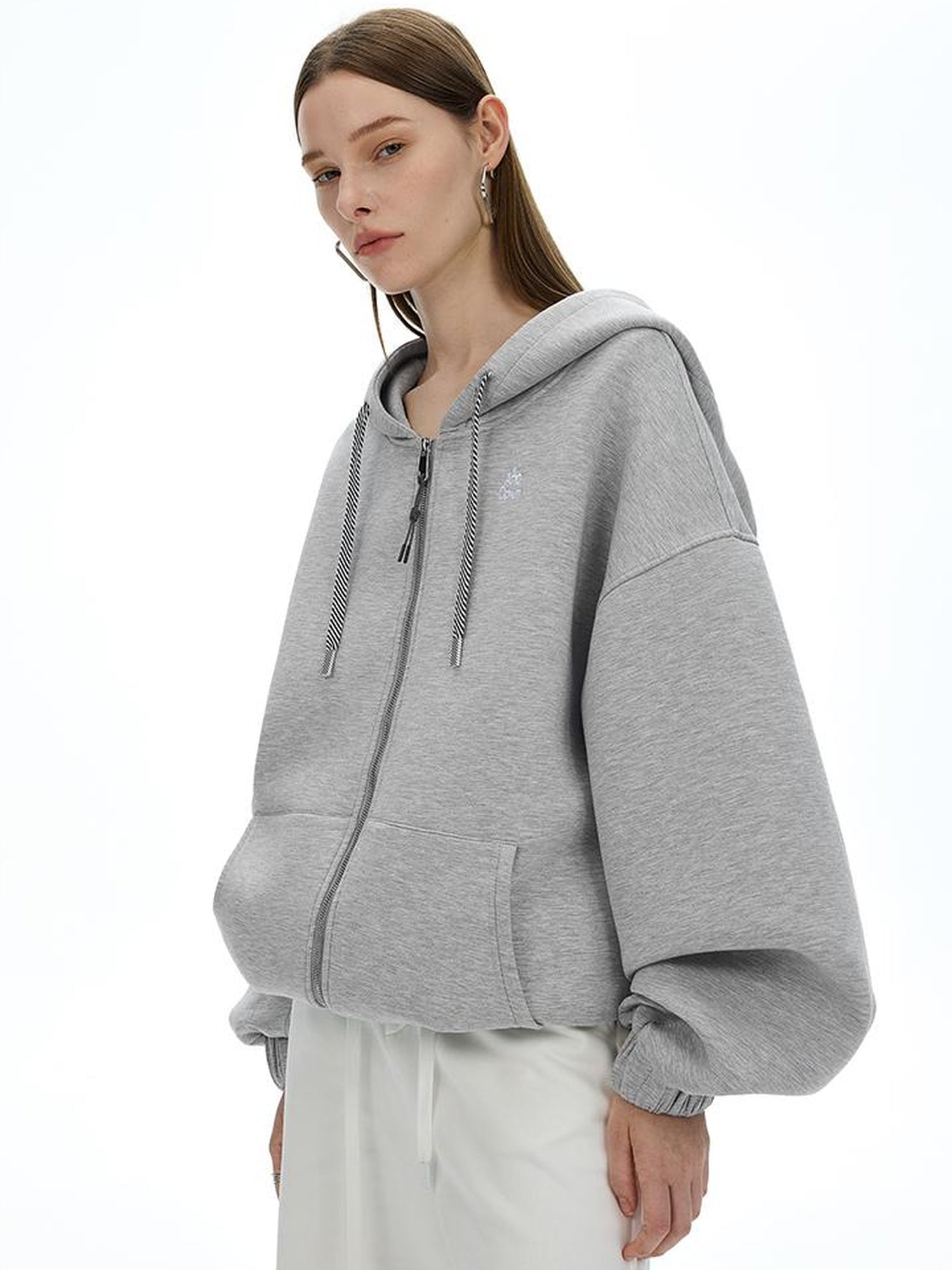 AFTADAWN Airy 3D Embroidered Hooded Zip Up Sweatshirt