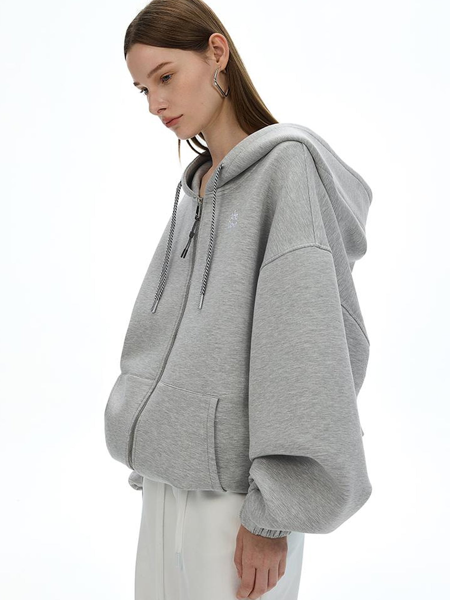 AFTADAWN Airy 3D Embroidered Hooded Zip Up Sweatshirt