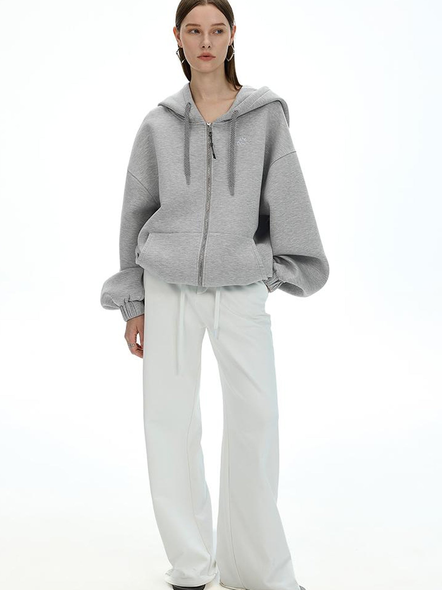 AFTADAWN Airy 3D Embroidered Hooded Zip Up Sweatshirt