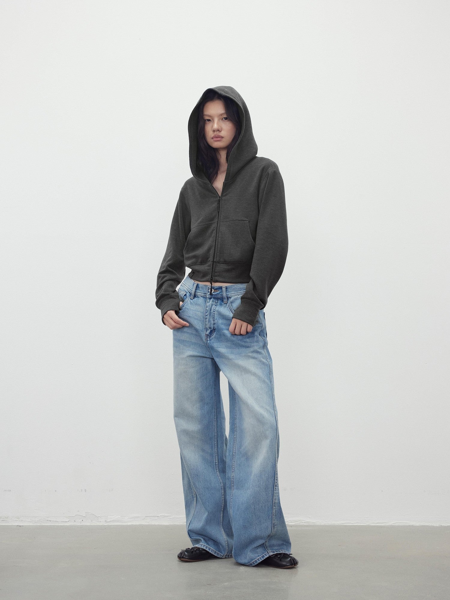 AFTADAWN Airy Double Zipper Hooded Short Solid Women&