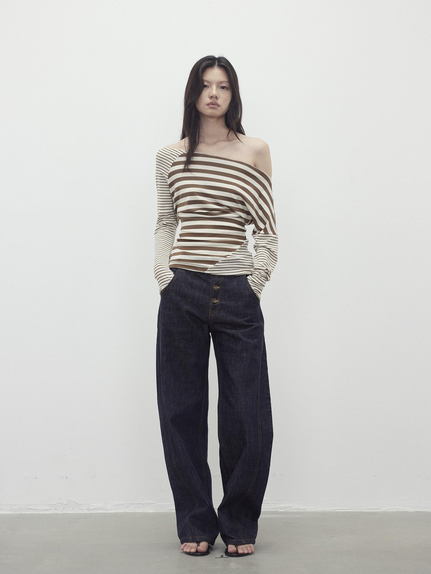 AFTADAWN Asymmetric Colorblock Striped Slant Shoulder Women&