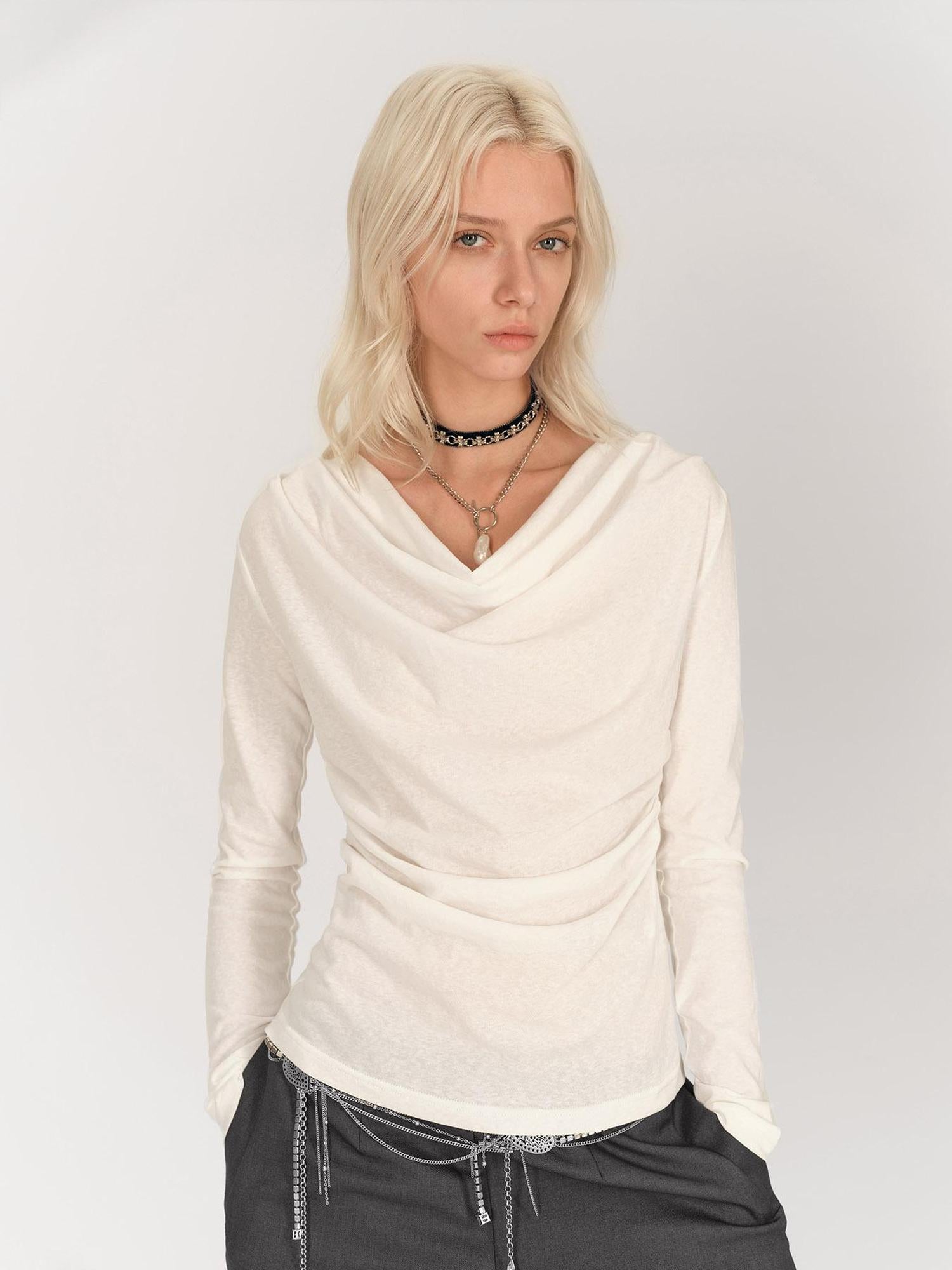 AFTADAWN Asymmetric Draped Back Chain Detail Tunic Top