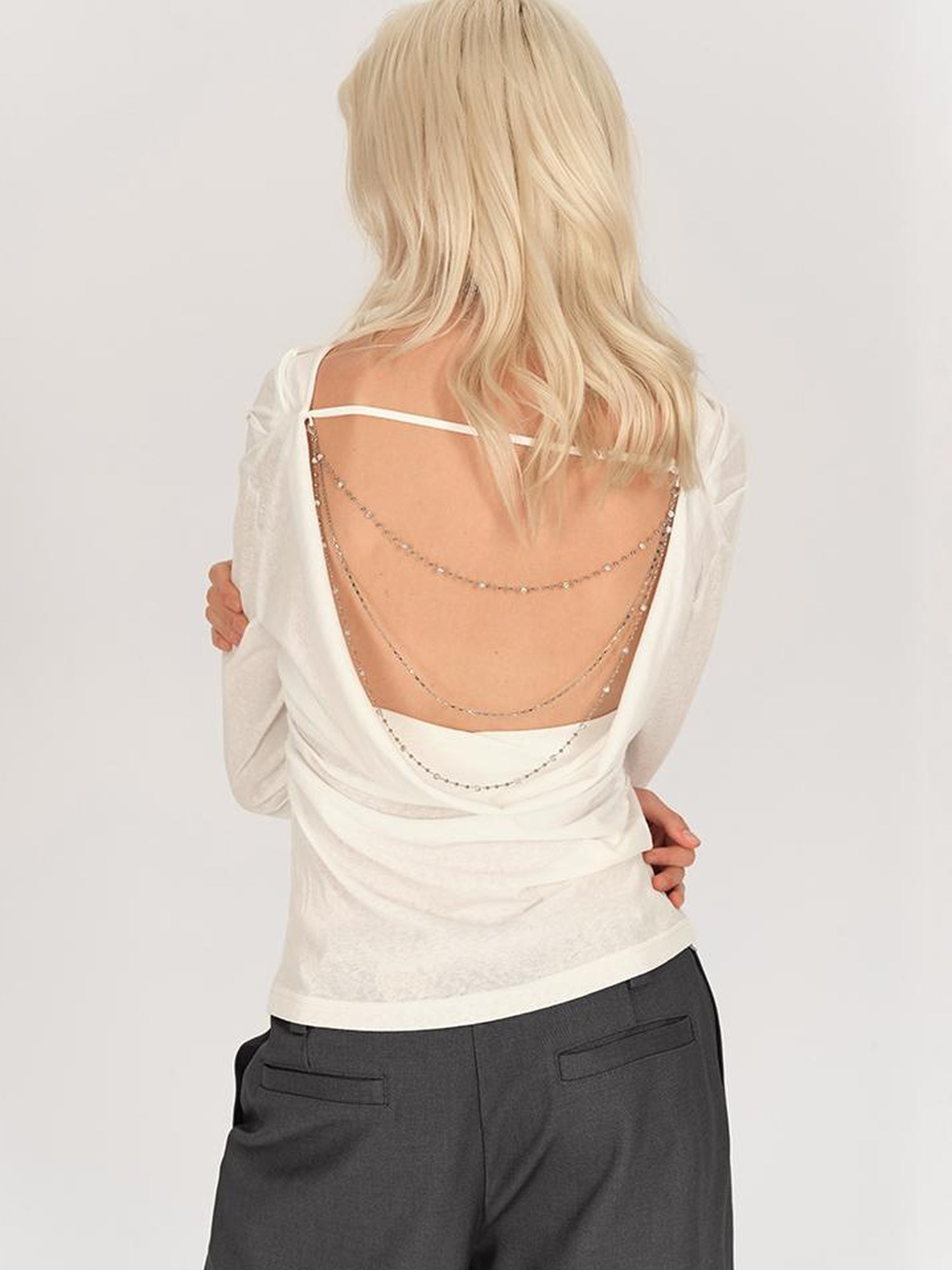 AFTADAWN Asymmetric Draped Back Chain Detail Tunic Top