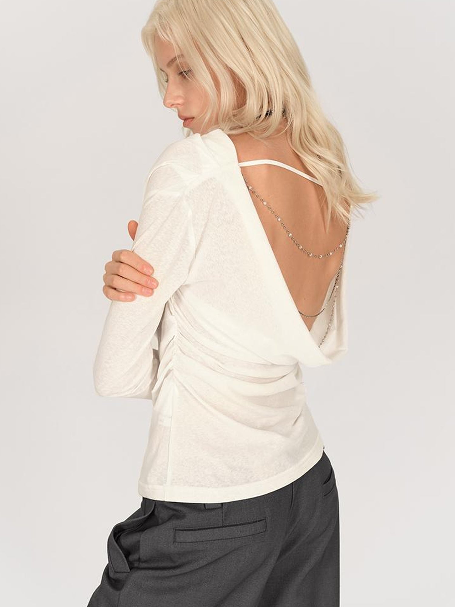 AFTADAWN Asymmetric Draped Back Chain Detail Tunic Top