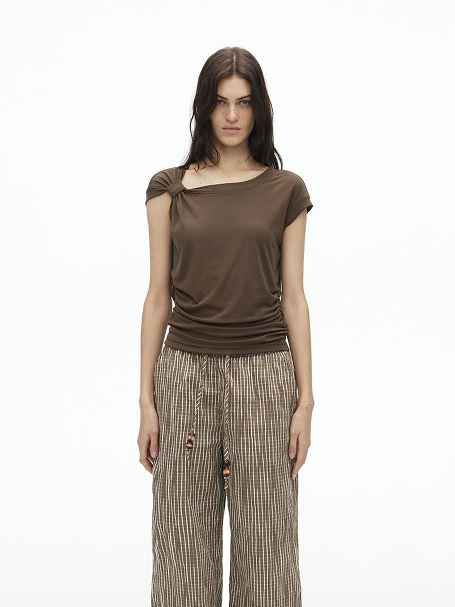 AFTADAWN Asymmetric Knot Shoulder Lyocell Slim Tee