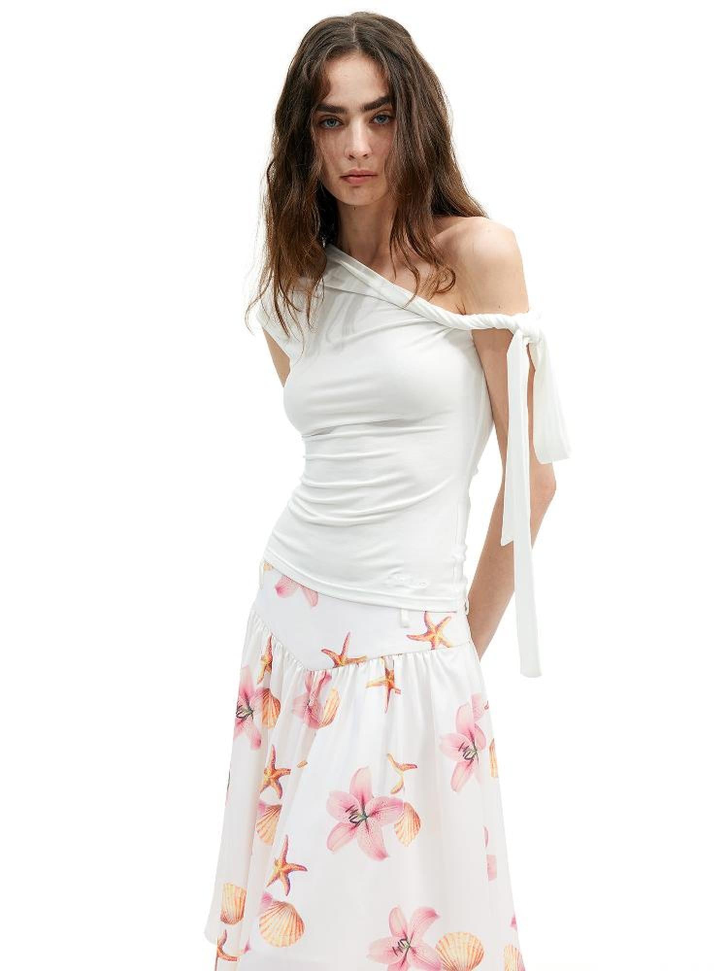 Asymmetric Knot Sleeve T-shirt With Adjustable Tie