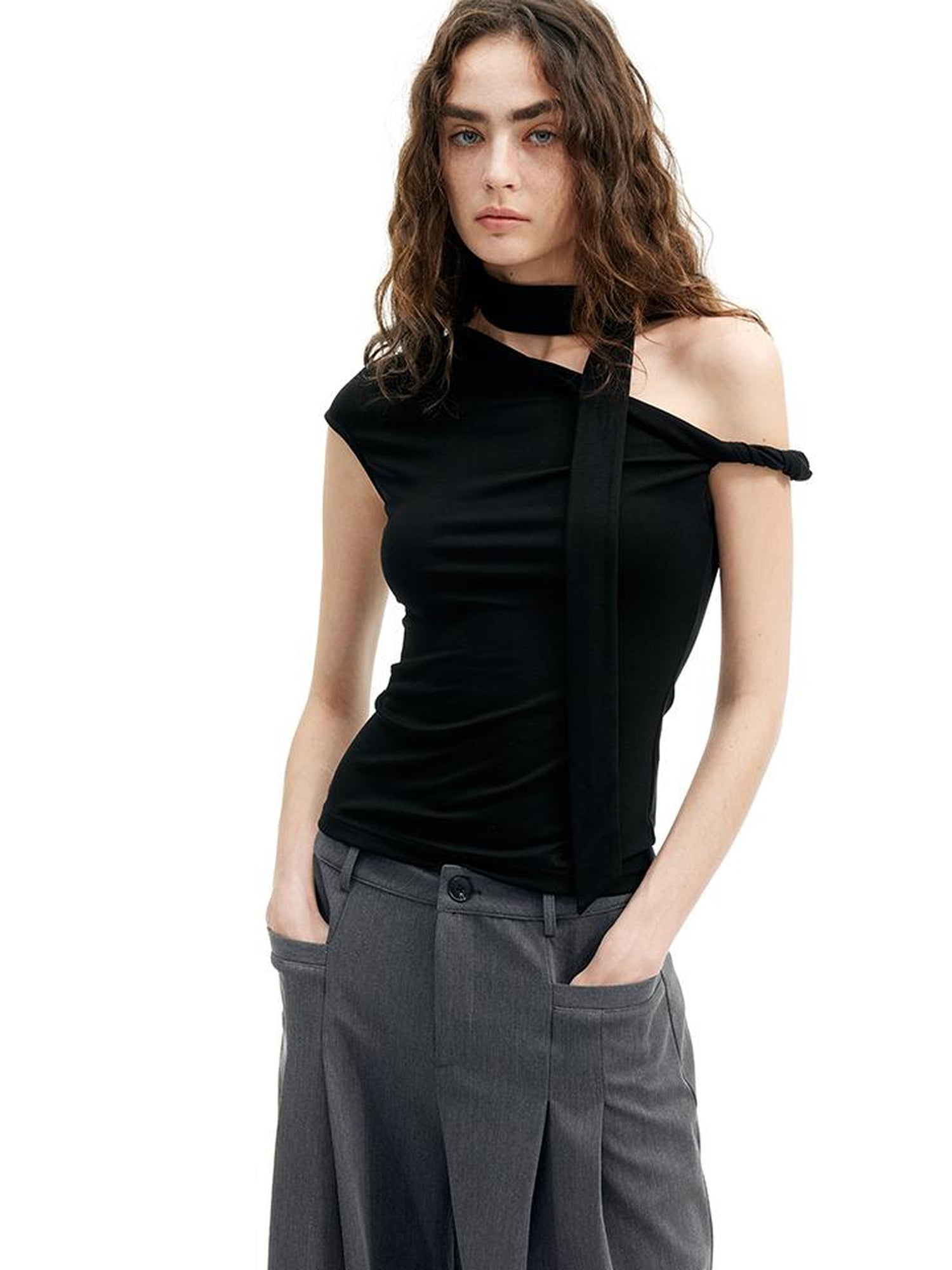 Asymmetric Knot Sleeve T-shirt With Adjustable Tie