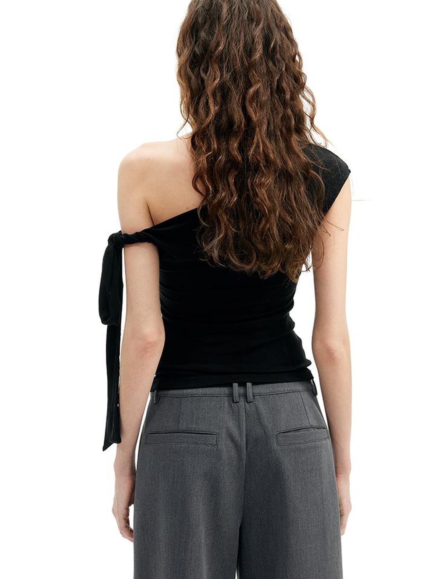 Asymmetric Knot Sleeve T-shirt With Adjustable Tie