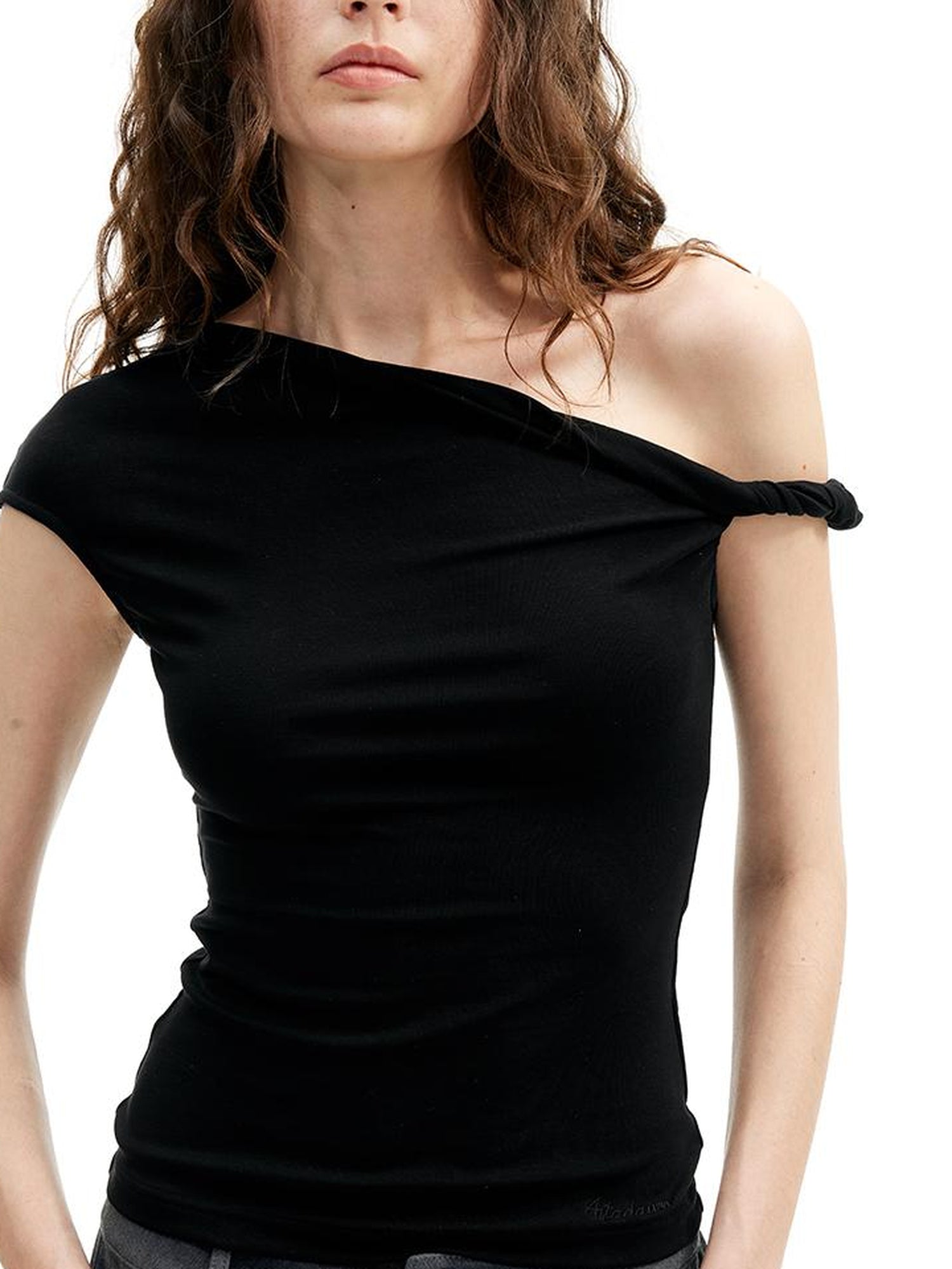 Asymmetric Knot Sleeve T-shirt With Adjustable Tie