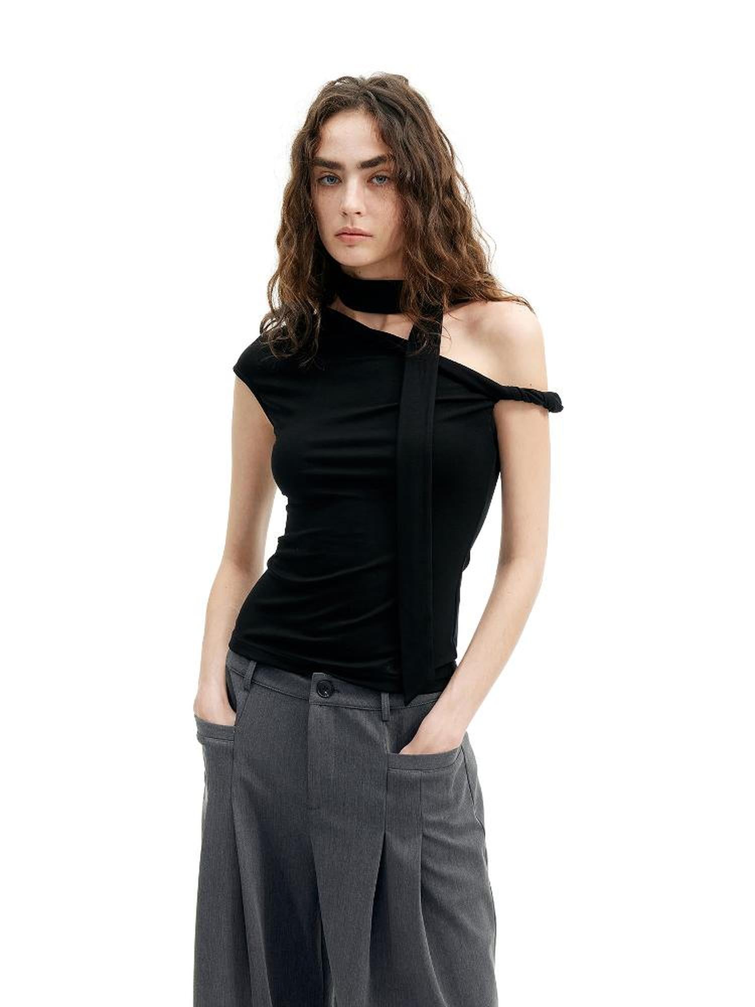 Asymmetric Knot Sleeve T-shirt With Adjustable Tie